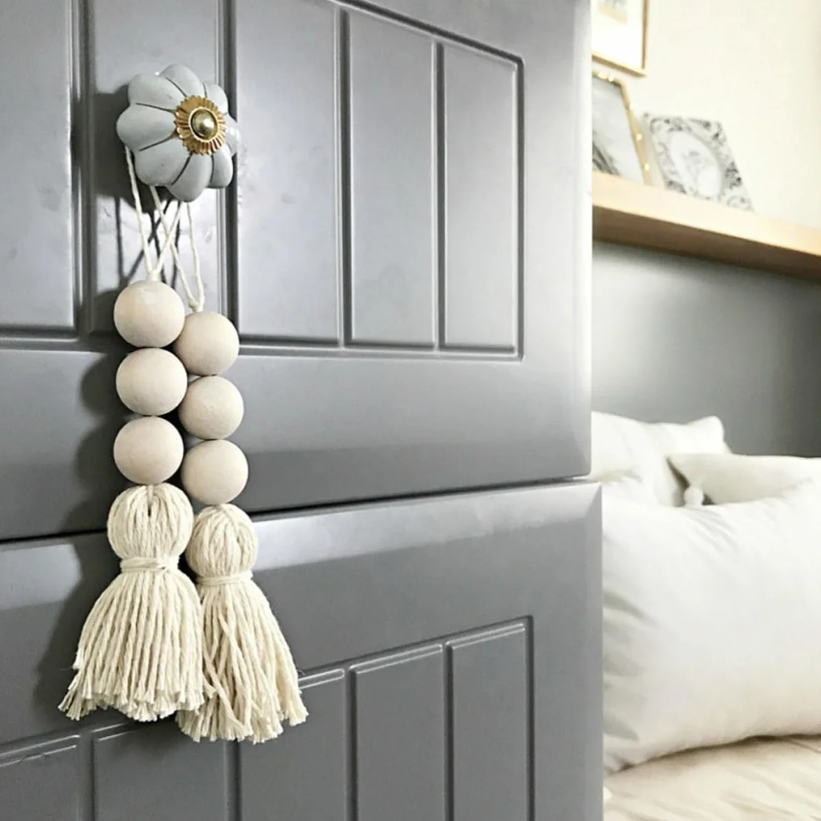 2 Borlas Decorativas de Cuentas de Madera Hechas a Mano Cuerda de Algodón Natural para Decoración de Manijas de Puertas y Armarios Estilo Bohemio Beige