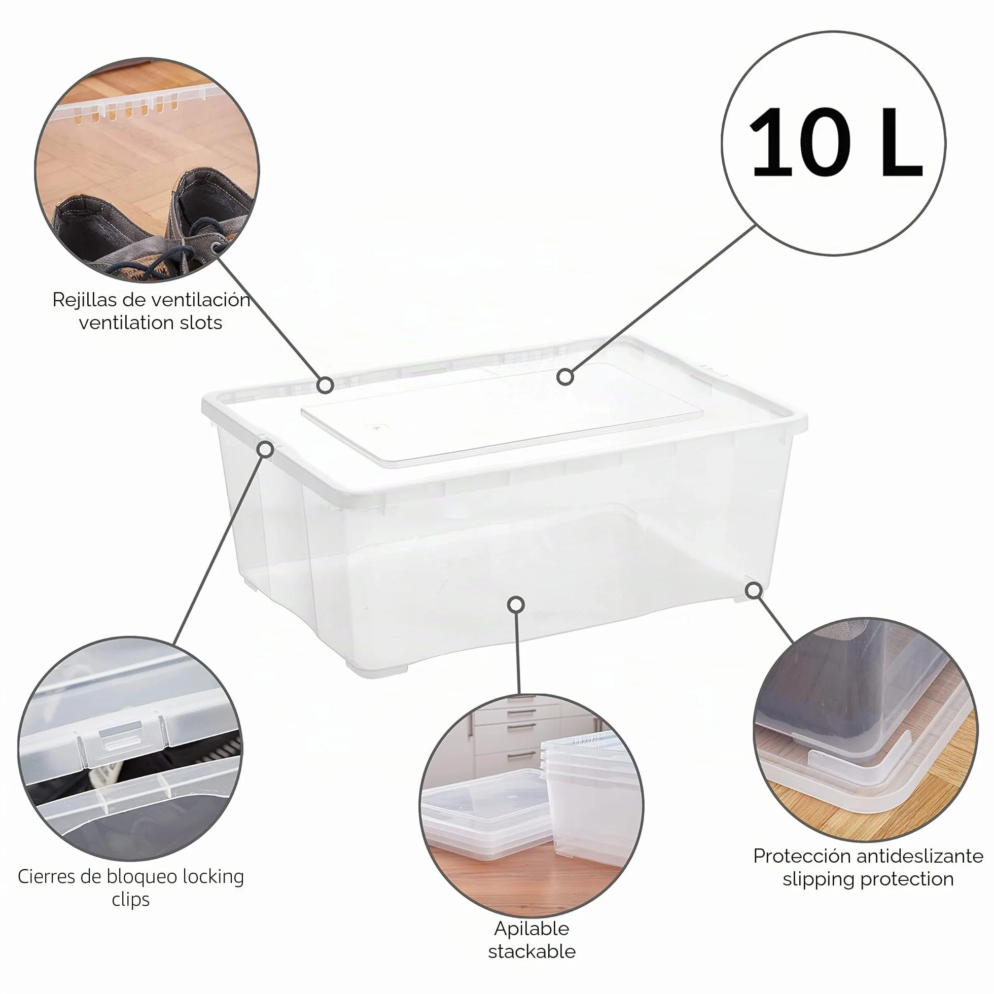 Grizzly 3 x Caja de Almacenaje con Tapa de 10 L - Cajón de Plástico Transparente Apilable - Caja Multiusos Organizador de Armarios para Ordenación de Ropa