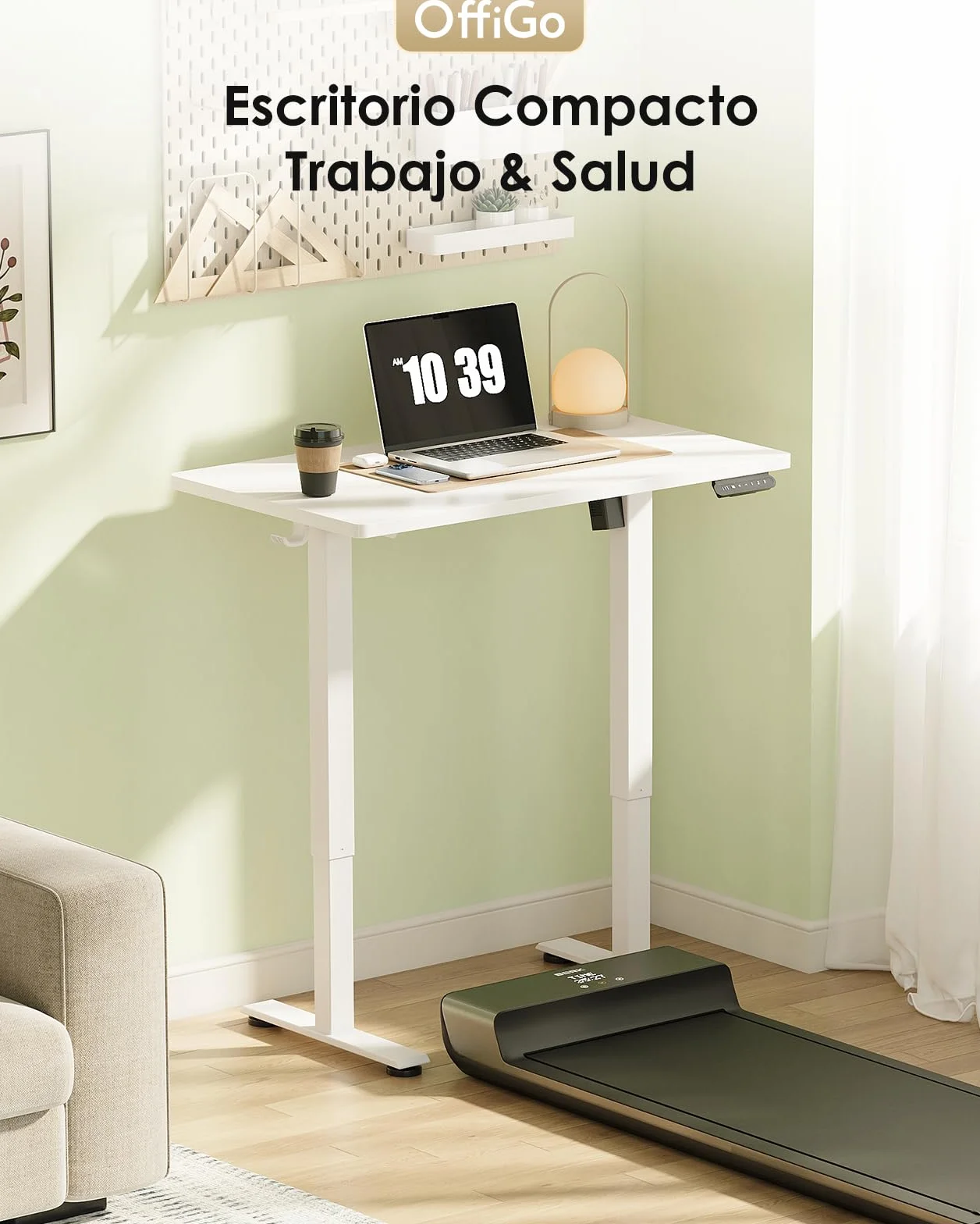 OffiGo Escritorio Elevable, 80 cm Escritorio Pequeño con 3 Memorias de Altura, Mesa Elevable Electrico para Estaciones de Trabajo en Casa, Mesa Ordenador Compacta para Espacios Pequeños, Blanco