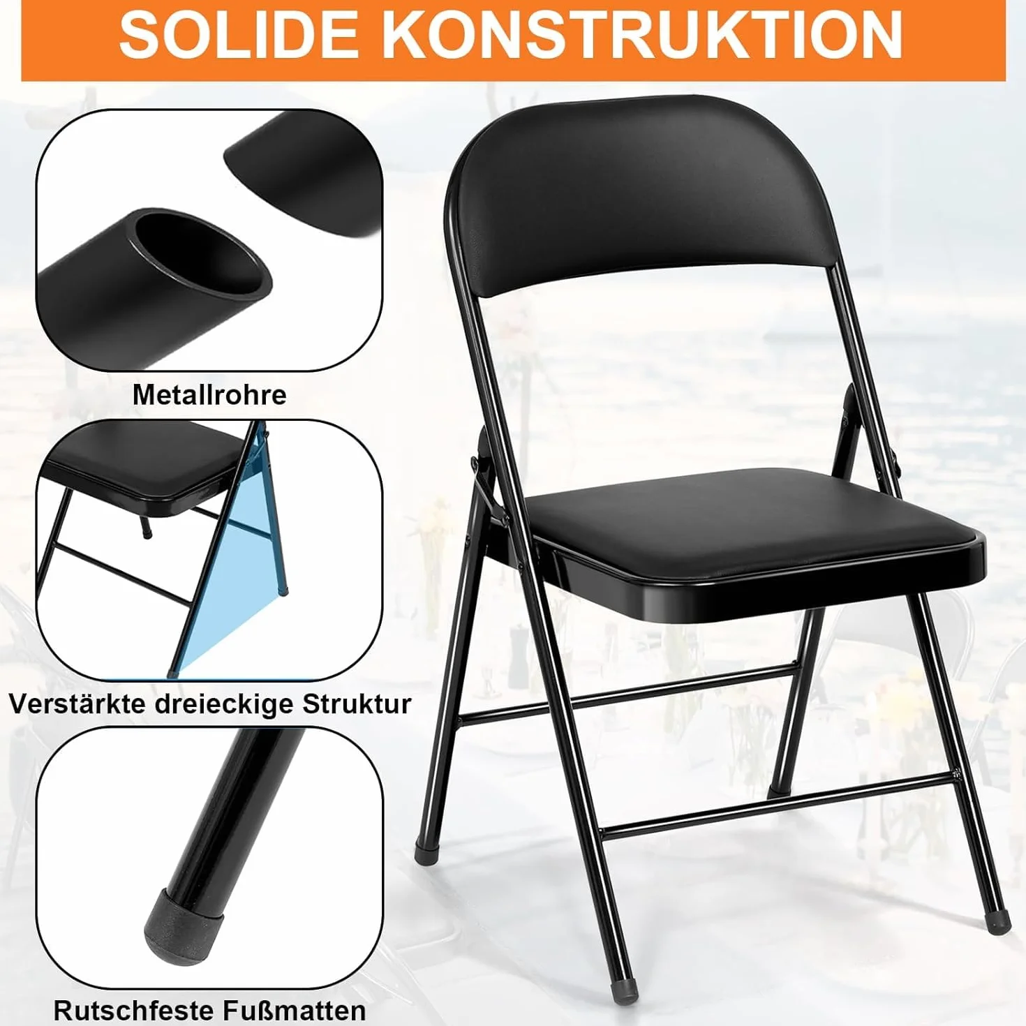 Set 2 Silla Plegable Acolchada, Sillas Plegables con Estructura de Acero Negro para Interior y Exterior, Silla de Comedor Apilable , Silla Plegable para Jardin, Balcón, Camping, Cocina y Eventos