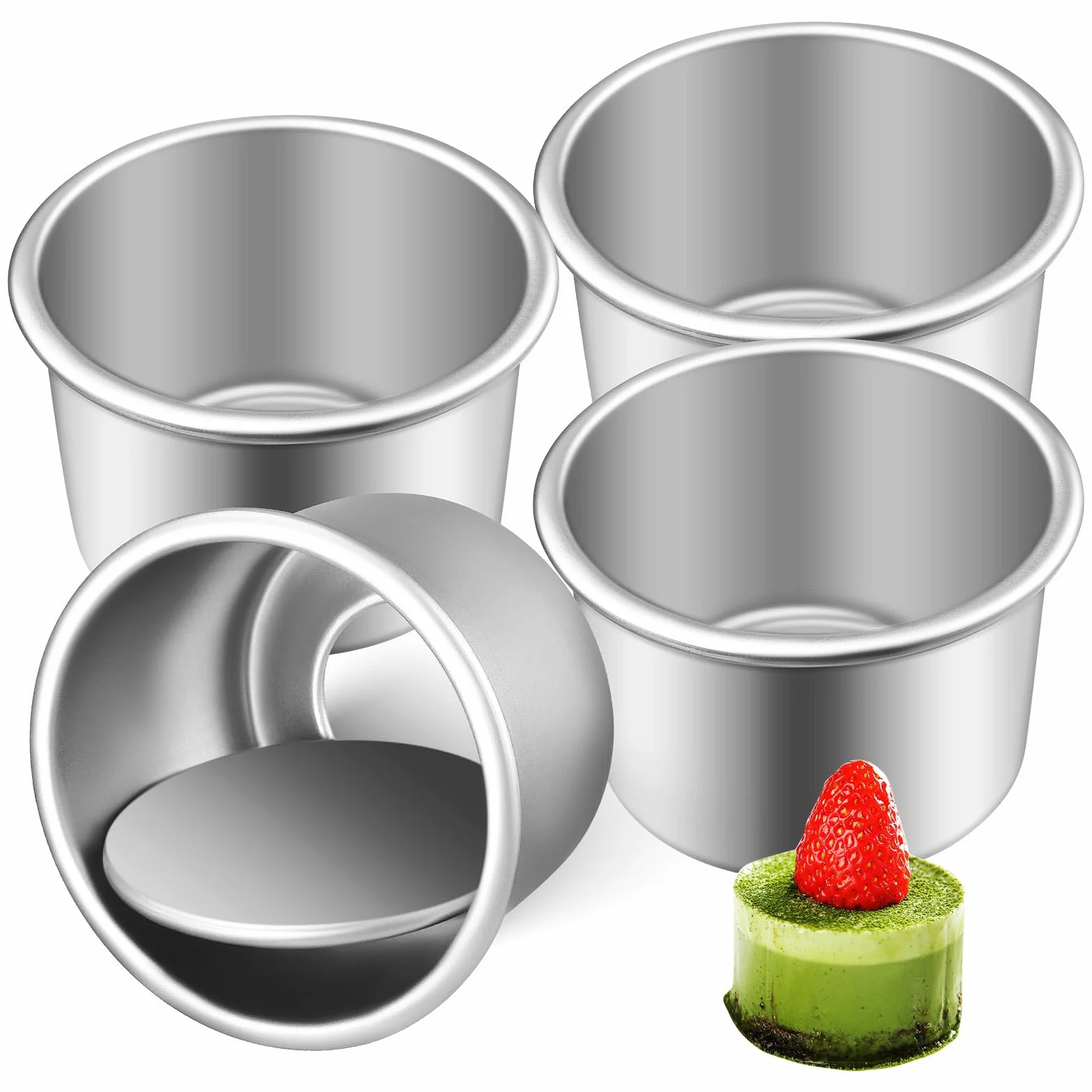 SUPVOX Juego de 4 Moldes para Pasteles Redondos de 2 Pulgadas, Aleación de Aluminio con Fondo Desmontable, Moldes Pequeños para Hornear Brownies, Tartas y Mousse, Utensilios