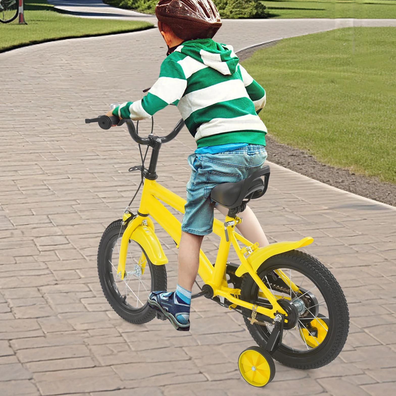Bicicleta infantil 14 pulgadas ruedas estabilizadoras guardabarros asiento ajustable 43-49 cm amarillo negro
