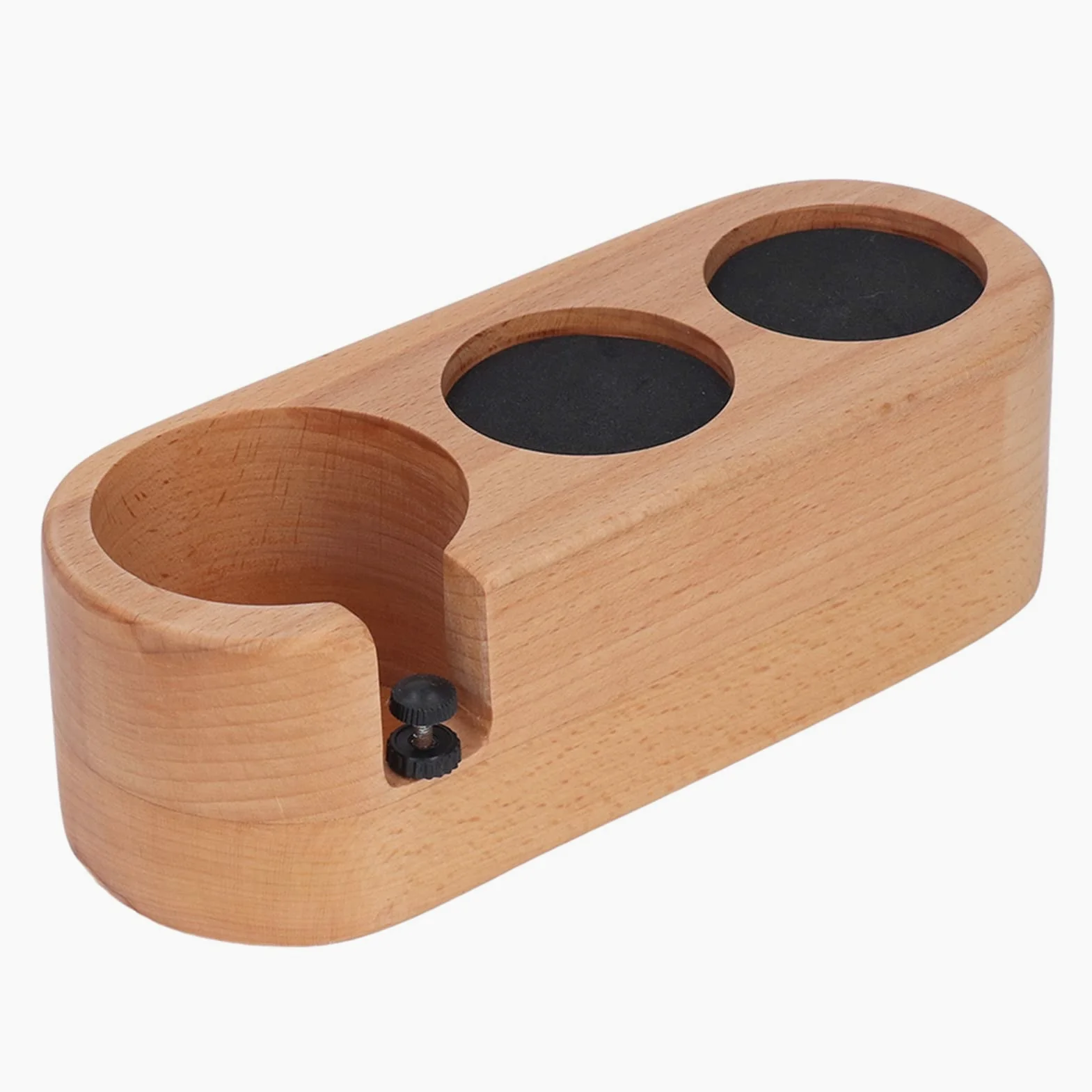 Soporte para prensa de café, estación de prensa de café de madera con 3 orificios para prensas de 58 mm y portafiltros, base antideslizante de haya para la configuración de barra