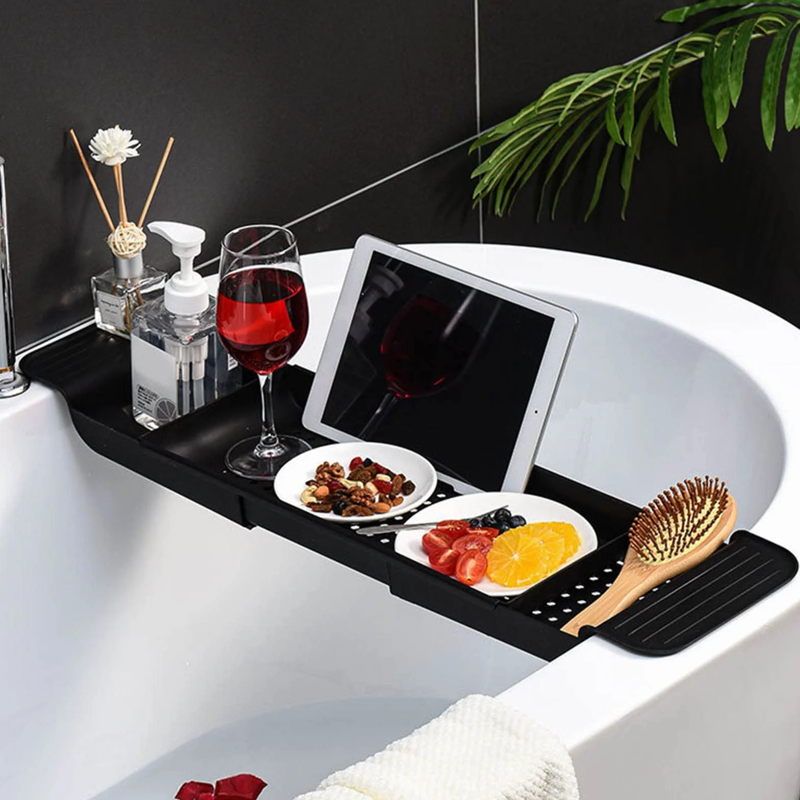 Bandeja para Bañera, Mesa para Bañera con Carrito de Baño Colocación Estable para Baño (Negro)