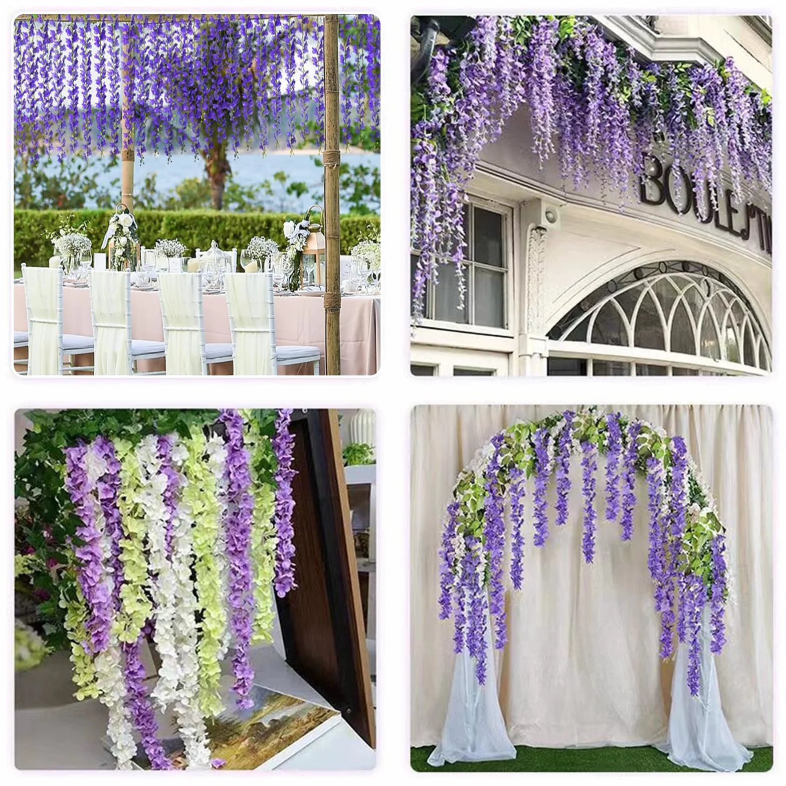 12 unidades de glicinas artificiales, 110 cm de largo, guirnalda de flores de seda colgante con triple tallo, para bodas, fiestas, barandillas y decoración del hogar interior/exterior (morado)