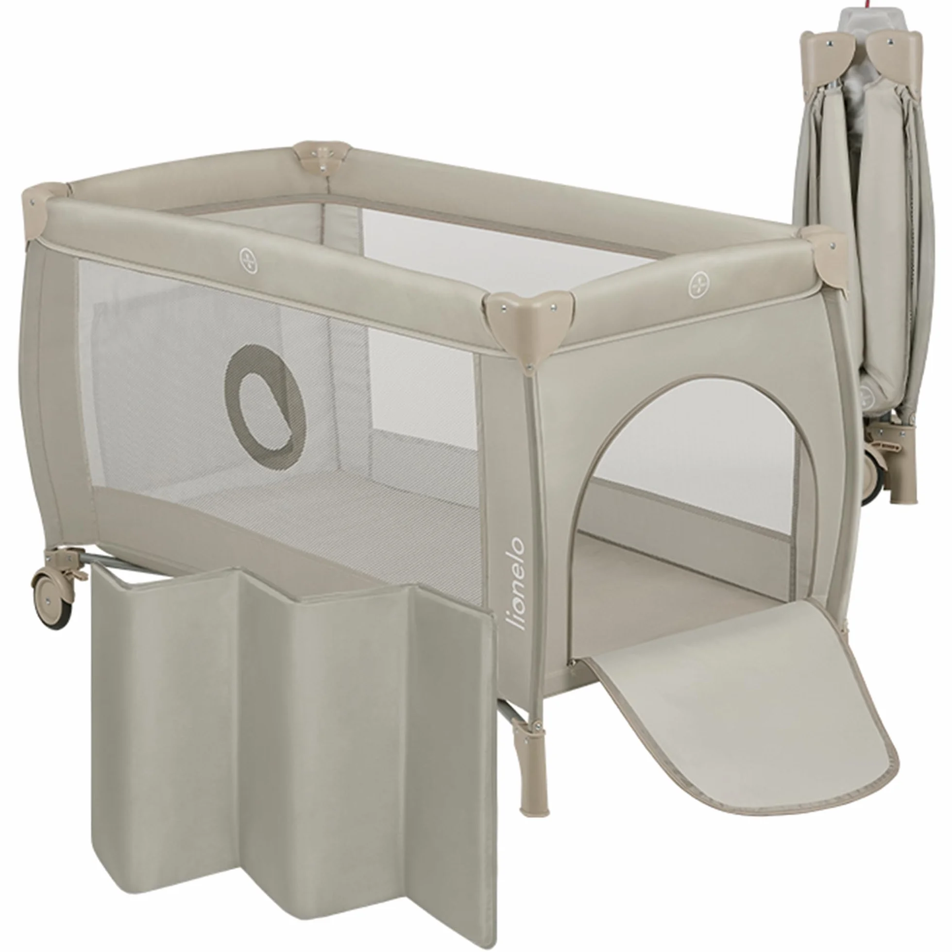 LIONELO Stefi Plus Cuna de Viaje Bebé Puerta Lateral Colchón Espuma T25 Premium Plegado Rápido Bolsa Transporte Ruedas Beige