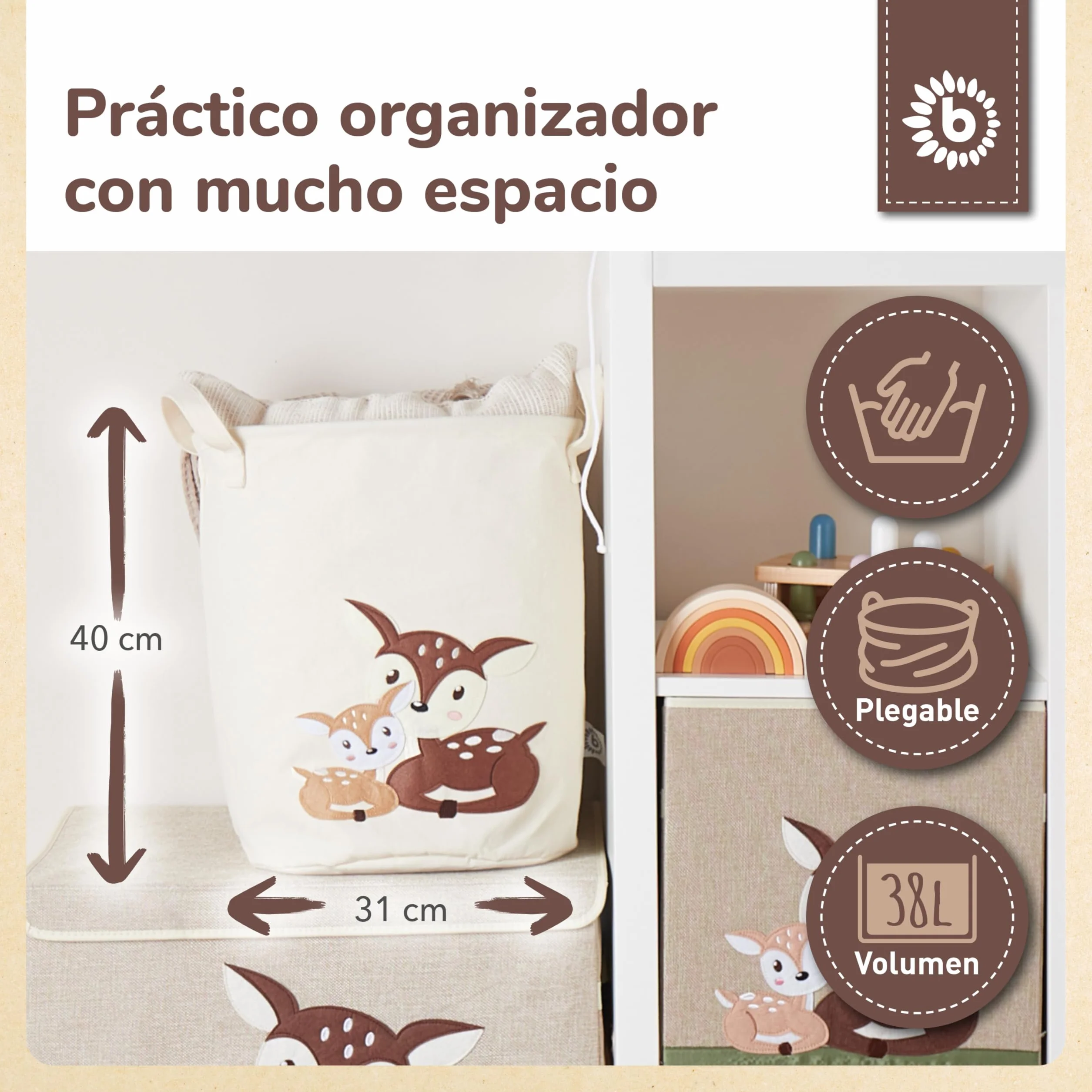 Bieco Cesto de la Ropa para Bebés Ciervos | Cesta de Almacenamiento de Algodón Resistente al Agua para Habitación Infantil