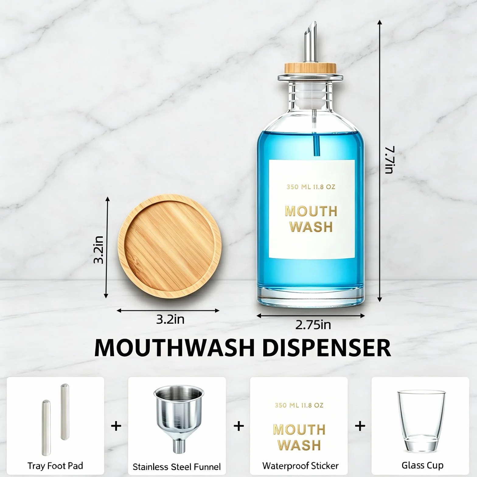 Dispensador de enjuague bucal de 350 ml, dispensador de vasos con bandeja de bambú, embudo de acero inoxidable, pegatinas, vaso de cristal, para baño, manual, antigoteo, vidrio de calcio de
