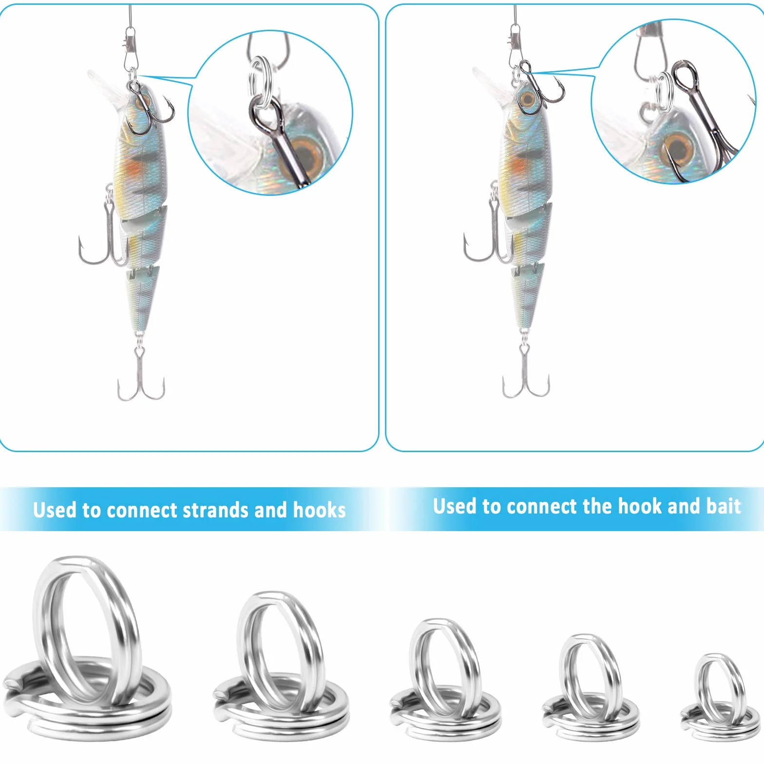 Anillos Partidos de Pesca de Acero Inoxidable 250 Piezas, Tamaño 5 para Anzuelos Jigging