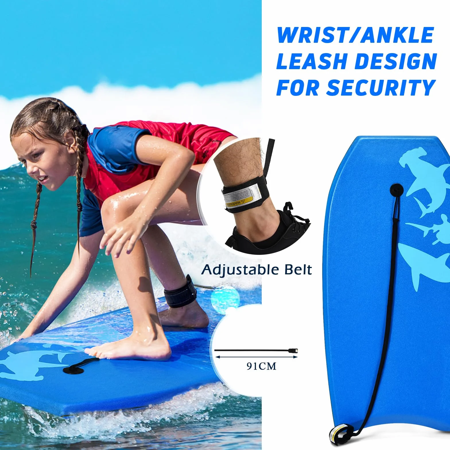 HOMASIS Bodyboard Antideslizante XPE HDPE Tabla Surf Estampado Tiburón Portátil Niños Adultos Azul