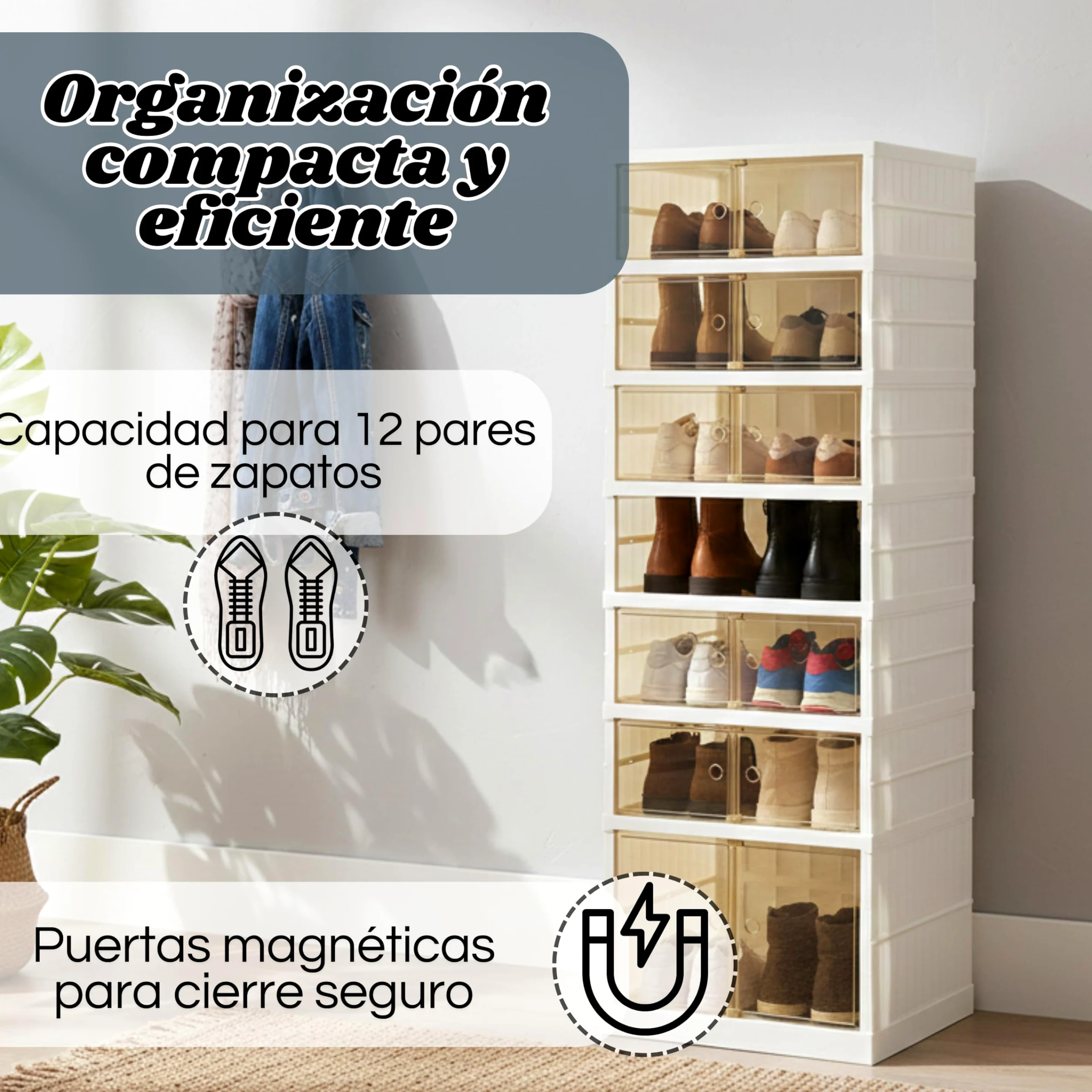 Zapatero Plegable Extensible con Puerta | 6 Niveles para 12 Pares de Zapatos | Plástico Duro Premium con Puerta Transparente y Magnética | Organizador de Armario, Baño, Cocina | 118 cm-44 cm-34.5cm