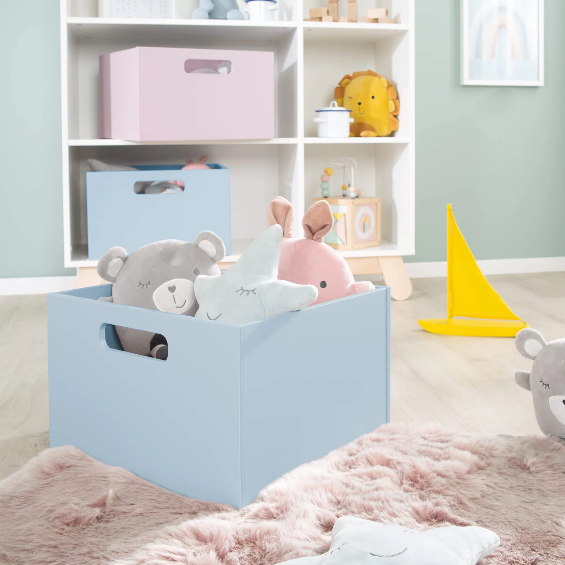 Caja de Almacenamiento de Madera para Habitación Infantil con Asas - Azul