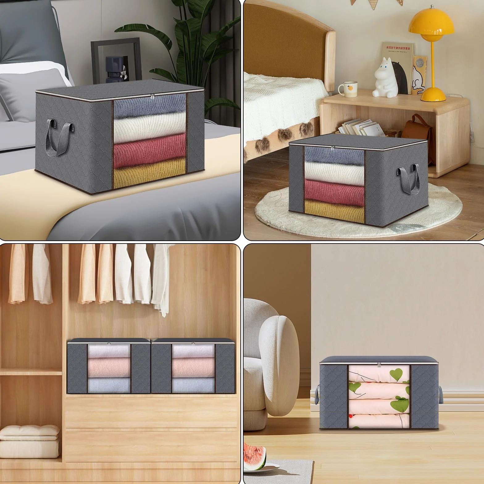 Collazoey 6 Piezas Cajas Almacenaje Ropa,90 L Bolsa de Almacenamiento para Ropa Plegable,Contenedores de Almacenamiento para Organizar Dormitorios, Armarios,Ropa, Edredones,con Tapa y Asa,Gris