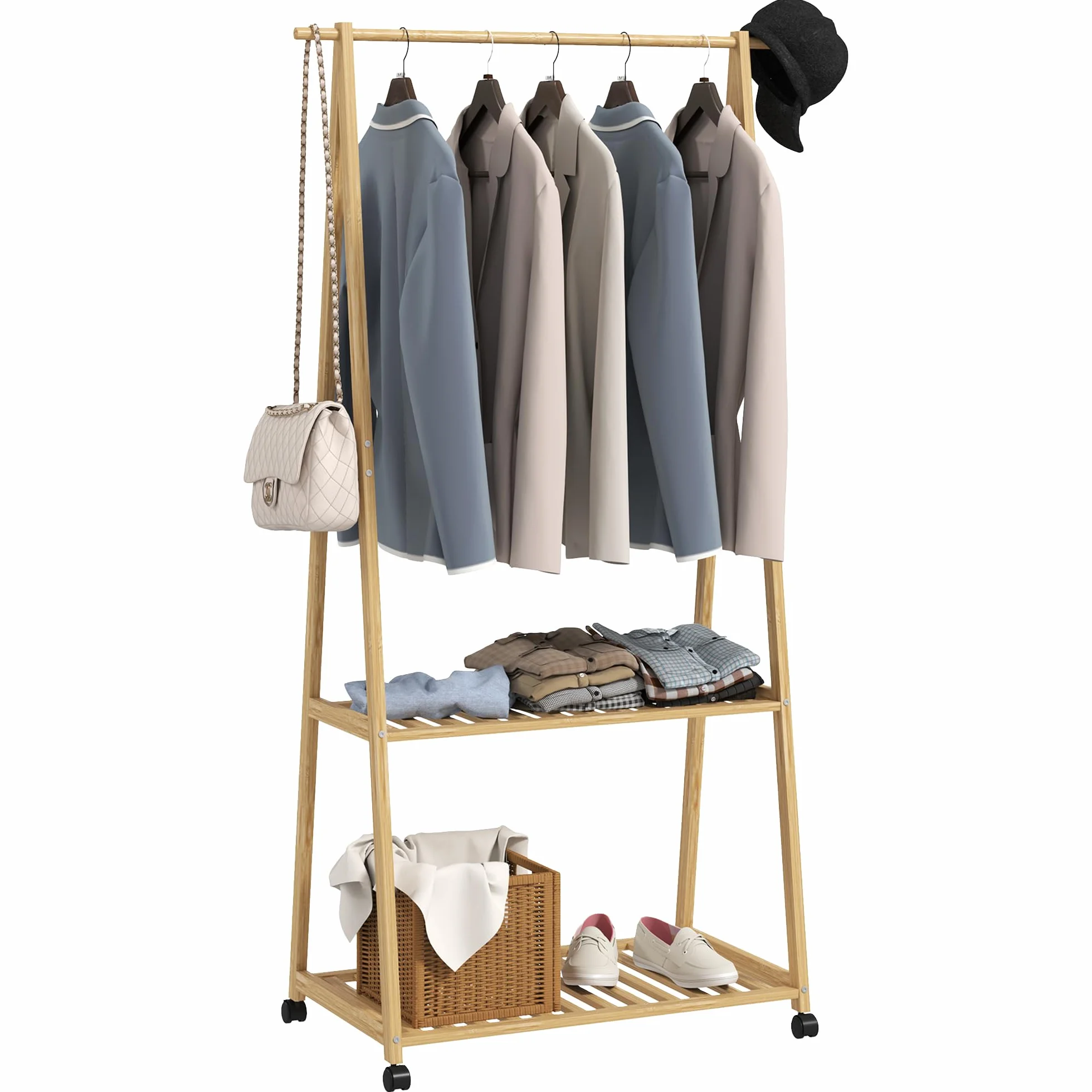 HOMCOM Burro para Ropa de Bambú con 2 Ganchos 84,5x43,5x158 cm Natural | Perchero, Burro para Ropa con Ruedas, 2 Estantes Abiertos, para Entrada Pasillo Dormitorio