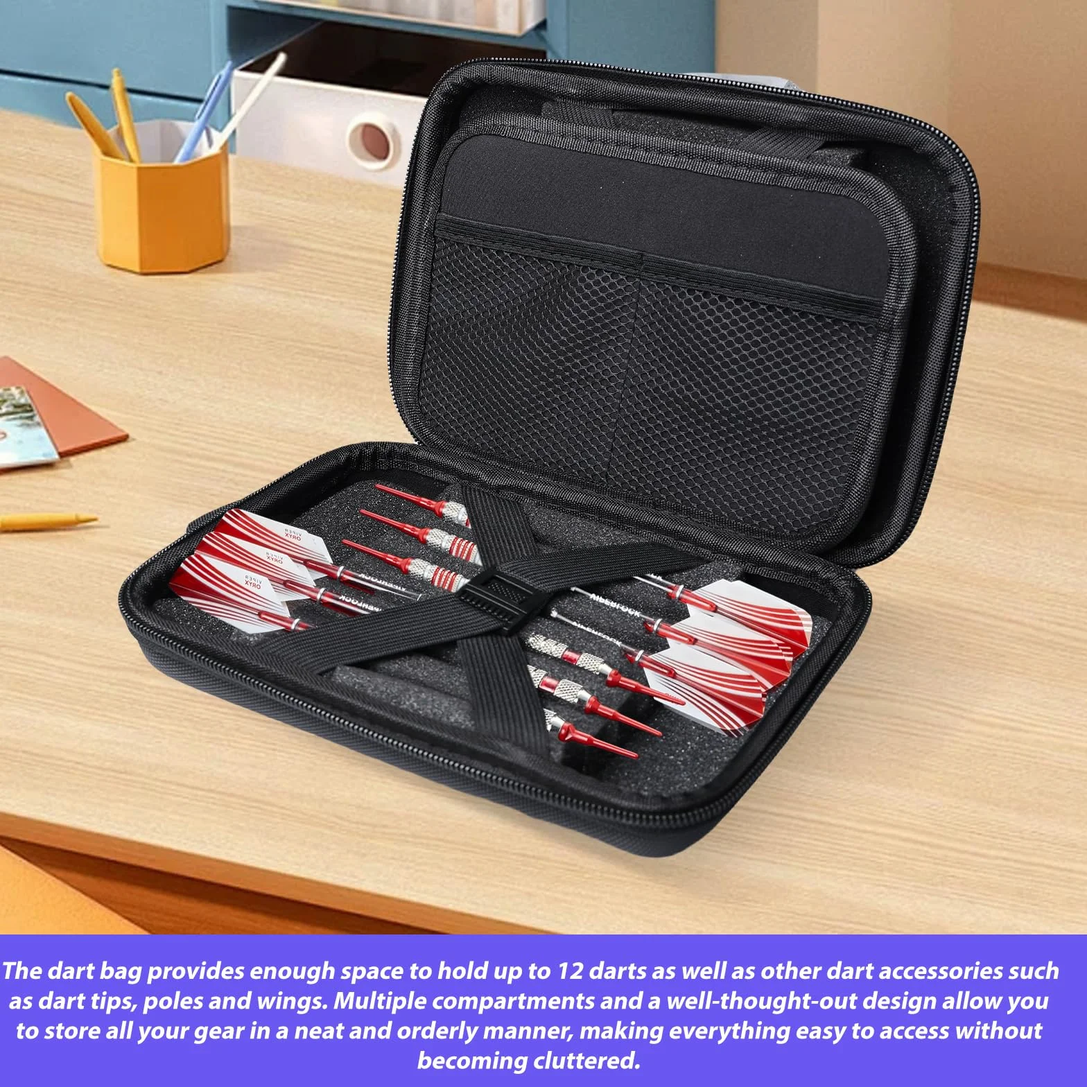Bolsa de dardos para 12 dardos, estuche rígido de EVA rígido organizador de bolsas de dardos, accesorios de dardos profesionales, caja portátil para consejos, varillas, vuelos y