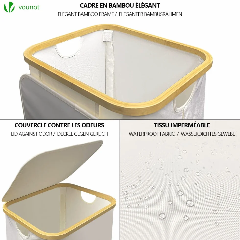 VOUNOT® Cesto Ropa Sucia 100L con Ruedas Cesta para la Colada, Cubo Ropa Sucia con Tapa y Asas de Bambú para Ropa, Cesta de Ropa Plegable Laundry Basket con Bolsa Interior Extraíble, Beige
