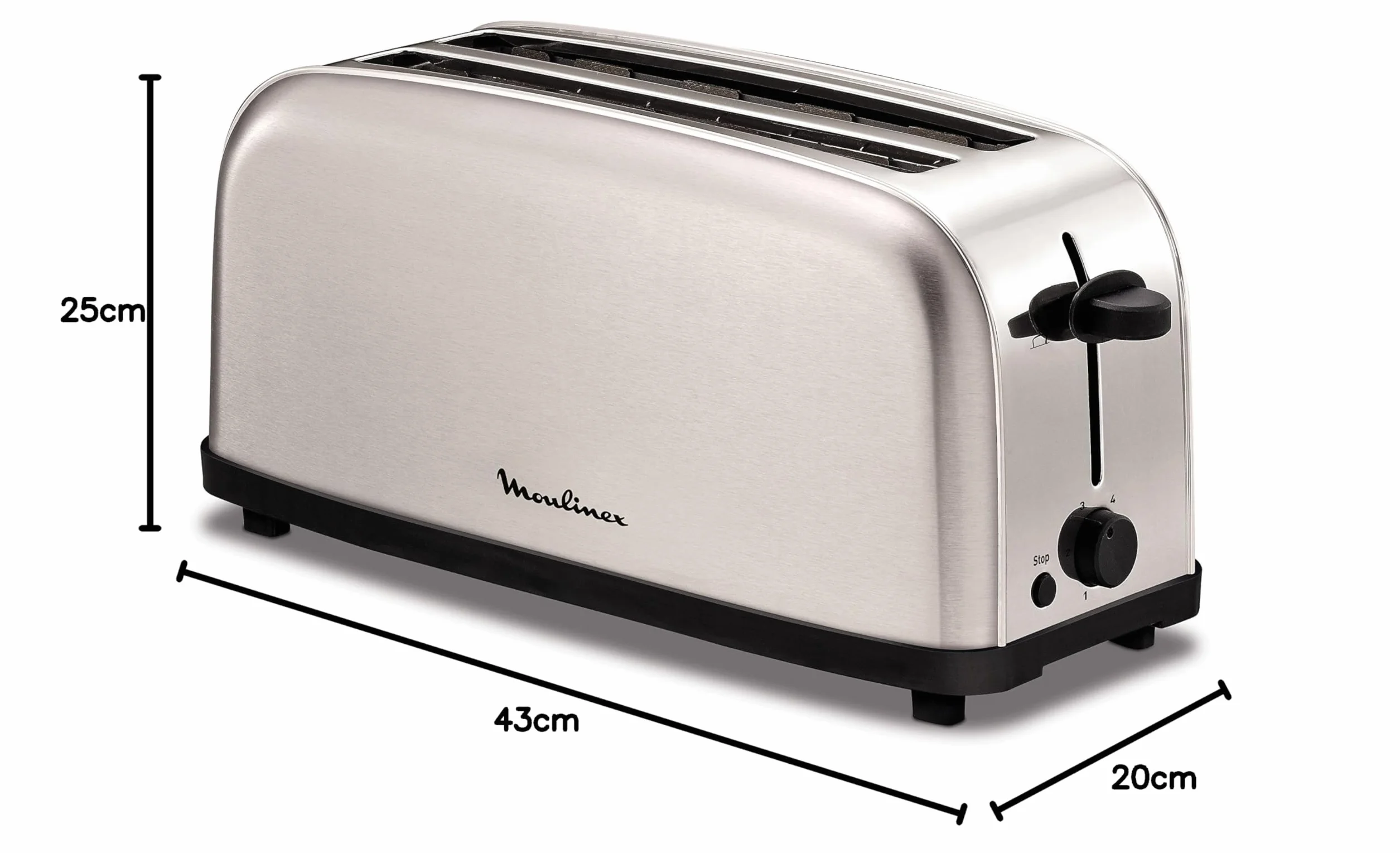 Moulinex Classic, Tostador Acero Inoxidable, 2 Ranuras largas y anchas, 1400 W, 6 Posiciones Tostado, Función Stop, Bandeja Recogemigas, para Todo Tipo de Pan normal, molde, artesano, LS330D