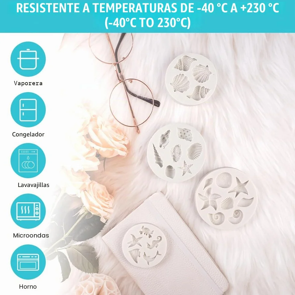 4 piezas Marina Animales Moldes Silicona,Moldes de Fondant para Tartas con Temática Marina,Molde de Silicona para Fondant con Tema Marino,3D Molde Conchas del Mar Marina Animales Moldes,para Gelatina