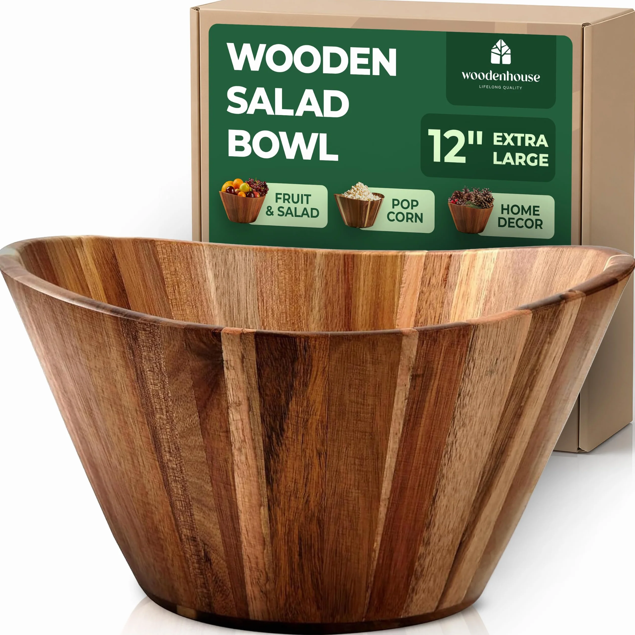 Ensaladera de madera extragrande – Cuencos de madera multiusos de acacia de 12 pulgadas, cuencos decorativos para decoración del hogar, almacenamiento, porción, hilo, diseño ondulado duradero hecho a