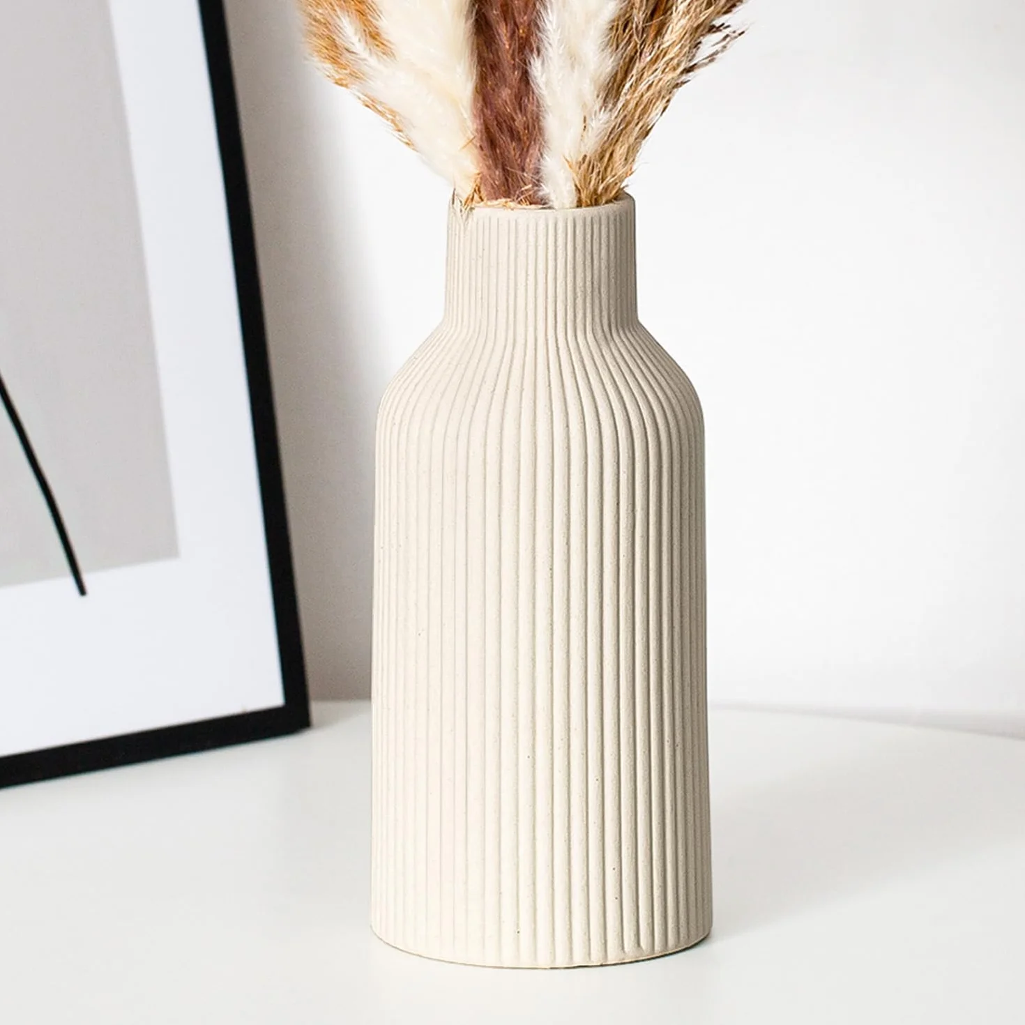 Jarrón para Hierba de Las Pampas, 20 cm, Cerámica Negro Mate, Redondo, Diseño Moderno, Bohemio para Decoración, Flores, Salón, Dormitorio (Beige)