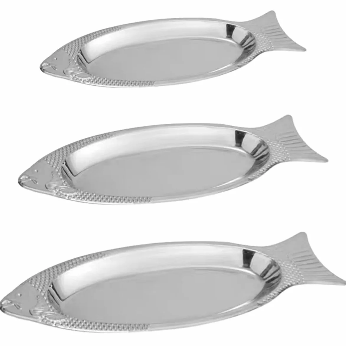 Bandeja de Pescado de Acero Inoxidable 3 Piezas Imán | Plata, Apta para Vapor y Horno, Acabado Liso, Diseño en Forma de Pez para Restaurantes y Hoteles