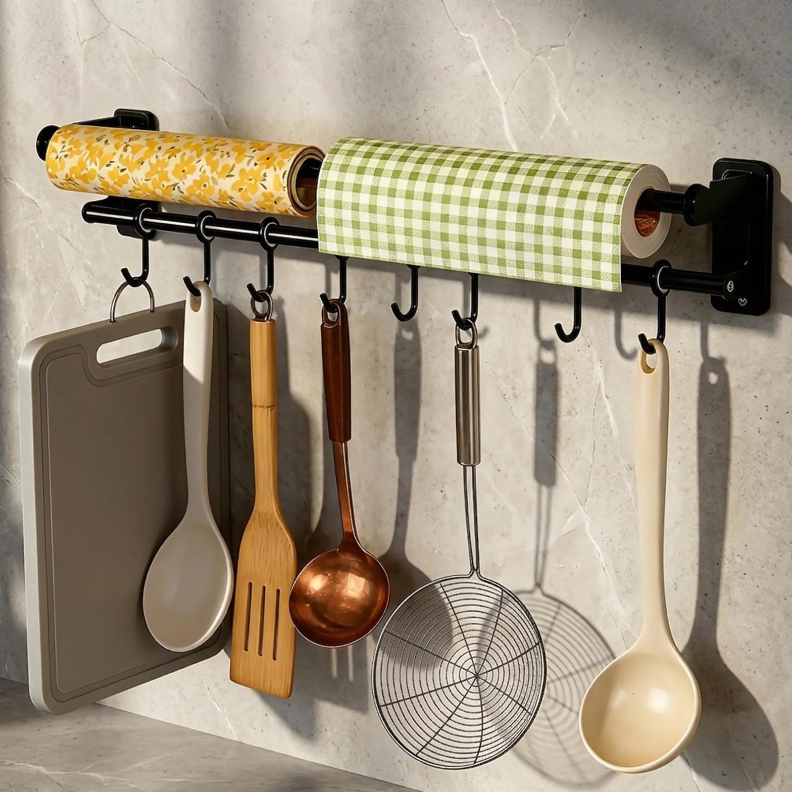 PARFCO Barra Cocina Colgar Utensilios 50 cm, Barra Colgante de Cocina Negra con 8 Ganchos Extraíbles, Porta Utensilios de Cocina, para Espacio para Espátulas, Tablas y Cucharas