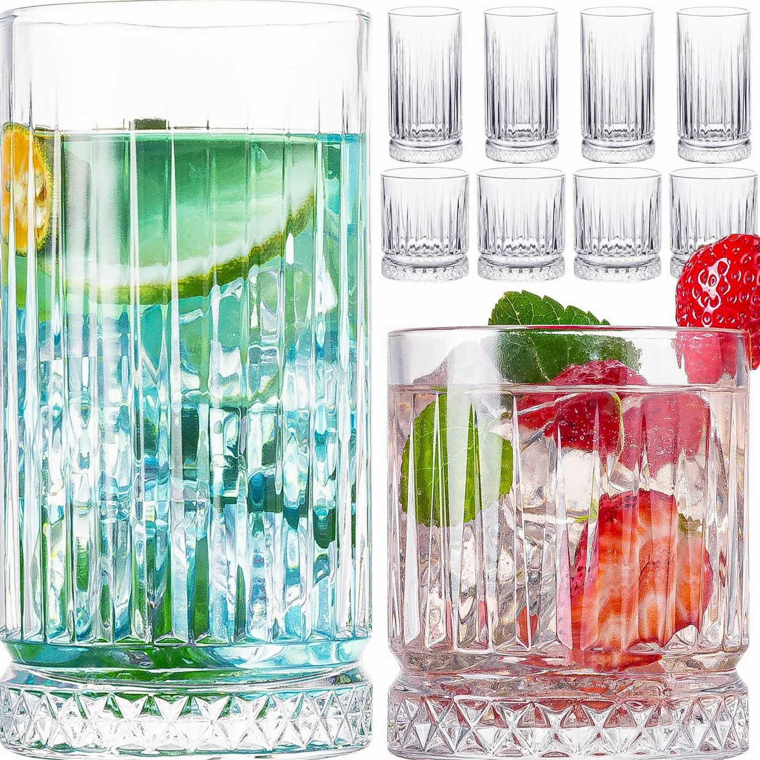 Vasos de cristal, juego de 8 vasos de vidrio duraderos, 4 vasos altos de 15 onzas y 4 vasos de roca de 12 onzas, vasos de mojito, vasos de cóctel, juego de cristalería de bar para cóctel,