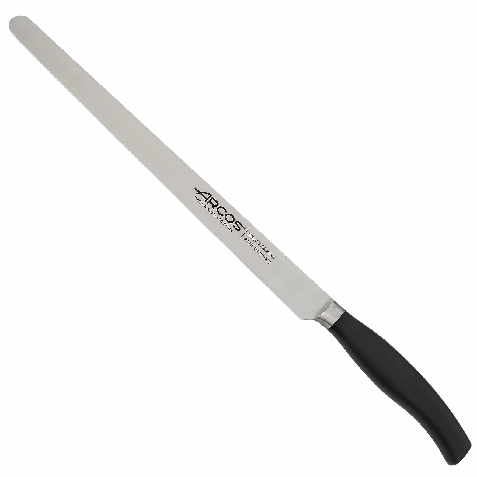 Arcos Cuchillo para Jamón Forjado con Hoja Acero Inoxidable 250 mm. Cuchillo cocina profesional. Resistente al óxido y la corrosión. Hoja flexible y Borde Suave. Serie Clara. Color negro.