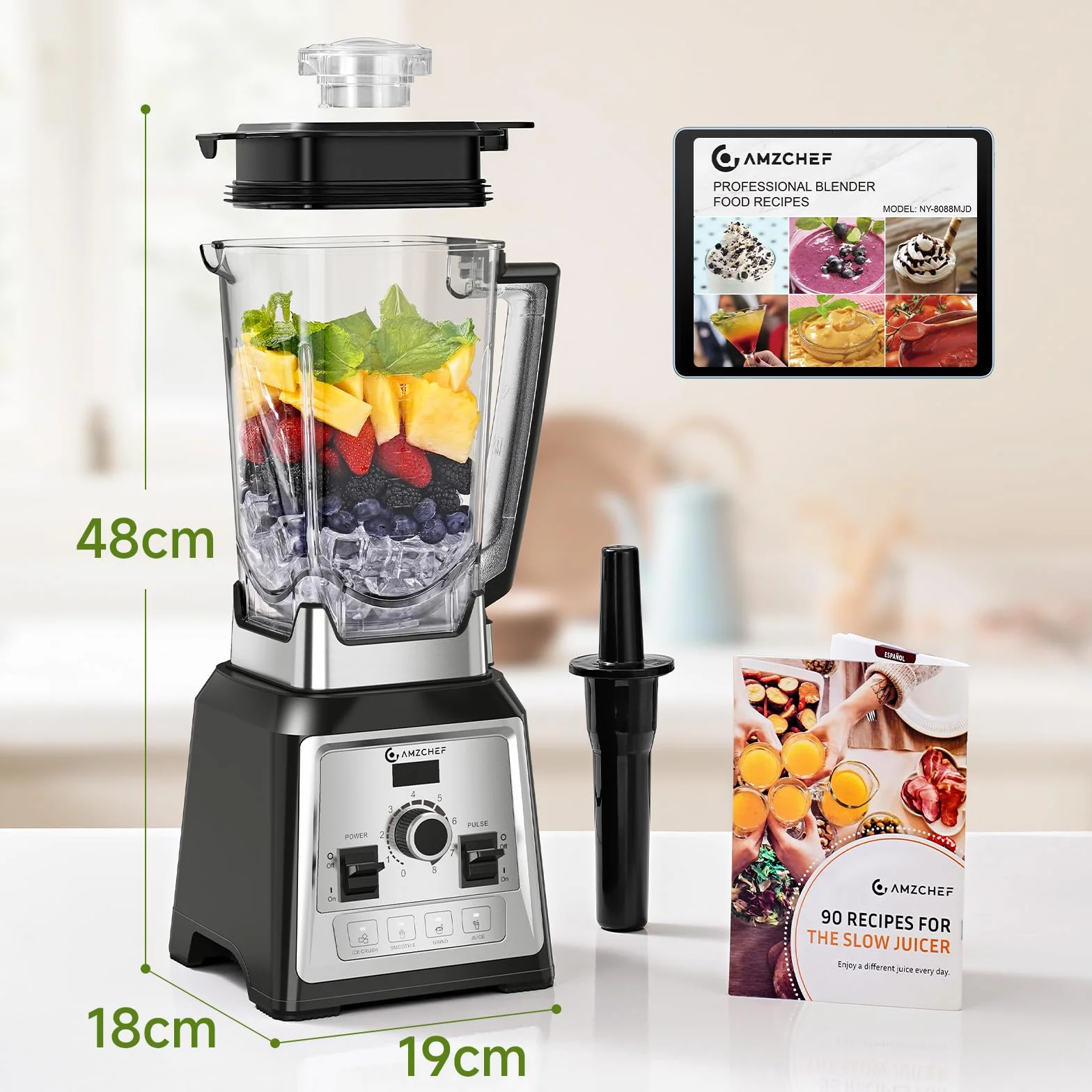 AMZCHEF Profesional Batidora, 2000 W batidora eléctrica con 4 funciones de un botón y 8 velocidades ajustables y función pulsaciones, batidora con 8 cuchillas de acero inoxidable – 25 000 rpm