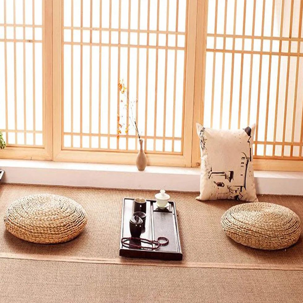 Almohada de Suelo de Ratán, Cojín de Paja Redondo, Alfombra de Suelo de Tatami Tejida a Mano, Tatami Tejido a Mano para Meditación, Zen, Práctica de Yoga o Buda (Brown-50cm)