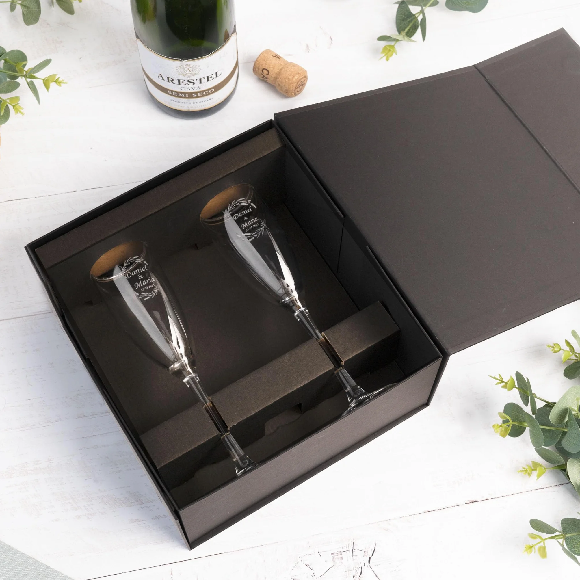 Pack de 2 Copas de Cava Personalizada con Estuche de Regalo Grabadas a Láser 20cl Boda