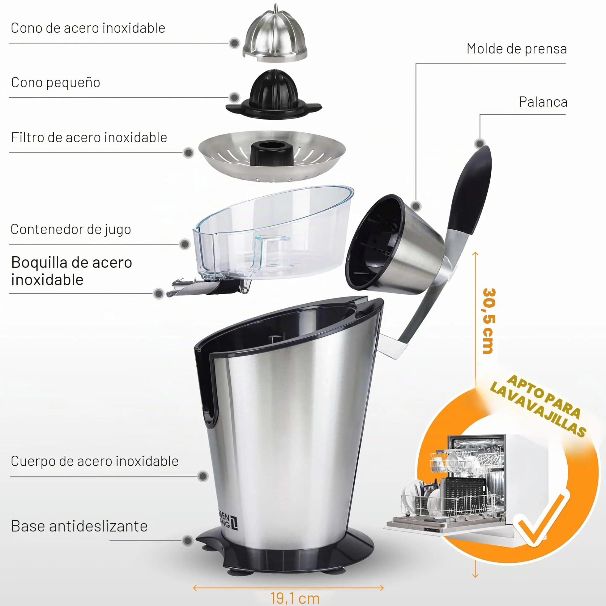 LEBENLANG Exprimidor de naranjas electrico 600W - Incl. Cono de Acero Inoxidable & Libre de BPA I Espremedor citrinos eléctrico Esprimidores zumos automatico Juicer orange machine Esprimidoras zumera