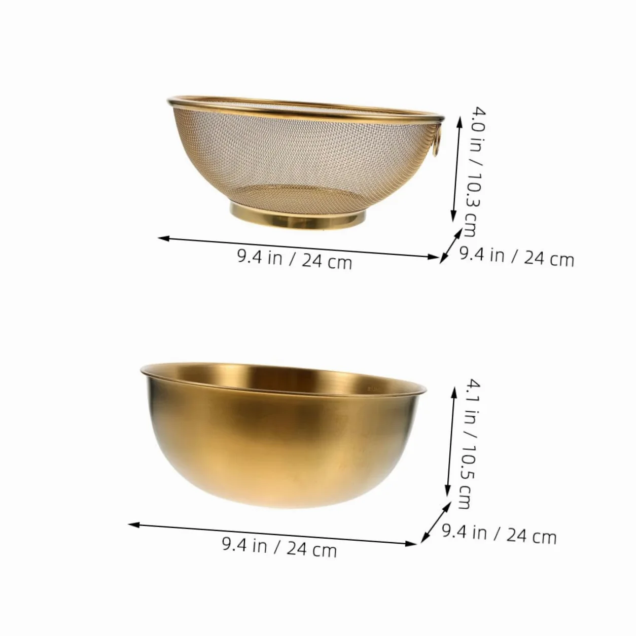 Colador de Malla Fina y Cesta de Drenaje 24 Cm de Acero Inoxidable Dorado para Lavar Arroz y Frutas, Práctico para Cocina y Lavado de Verduras, Juego de 2 Piezas