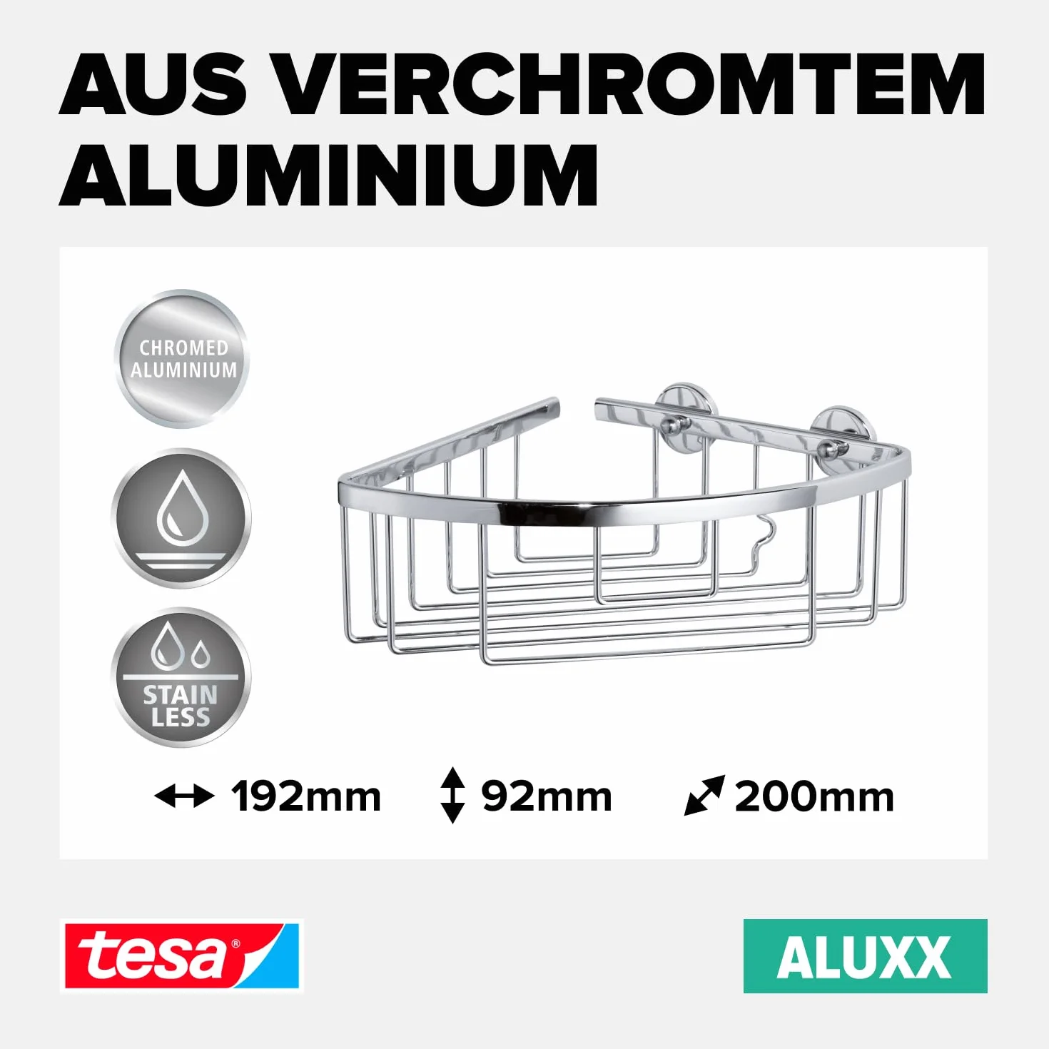 tesa Aluxx Cesta esquinera de baño, de aluminio cromado brillante, autoadhesivo, tecnología de montaje adhesiva, 92 x 192 x 200 mm