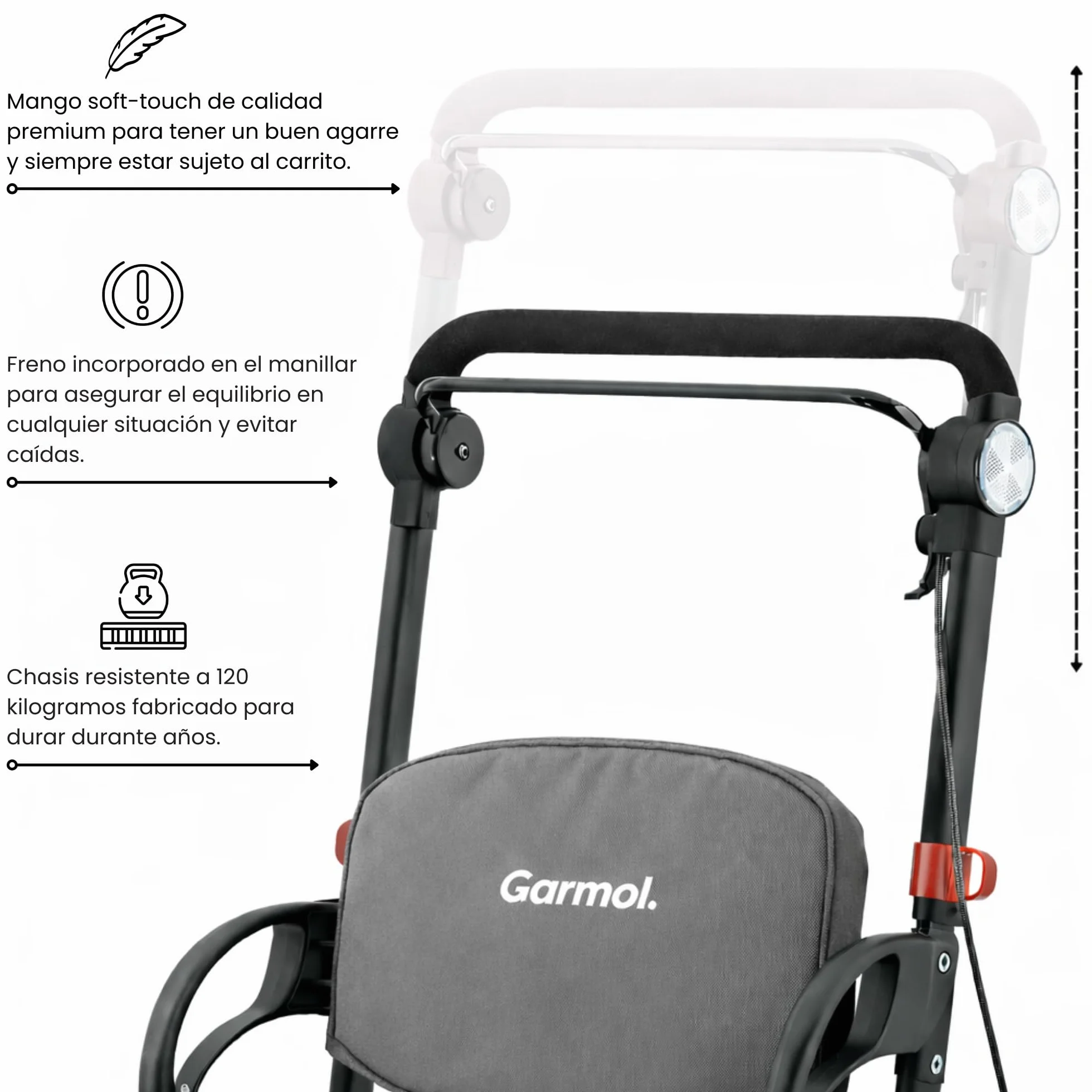 GARMOL Carro de Compra Relax con Asiento Acolchado 30L | Plegable, con Freno de Mano y Seguridad, Asa Regulable | Ideal para Personas Mayores hasta 120 kg (Gris)