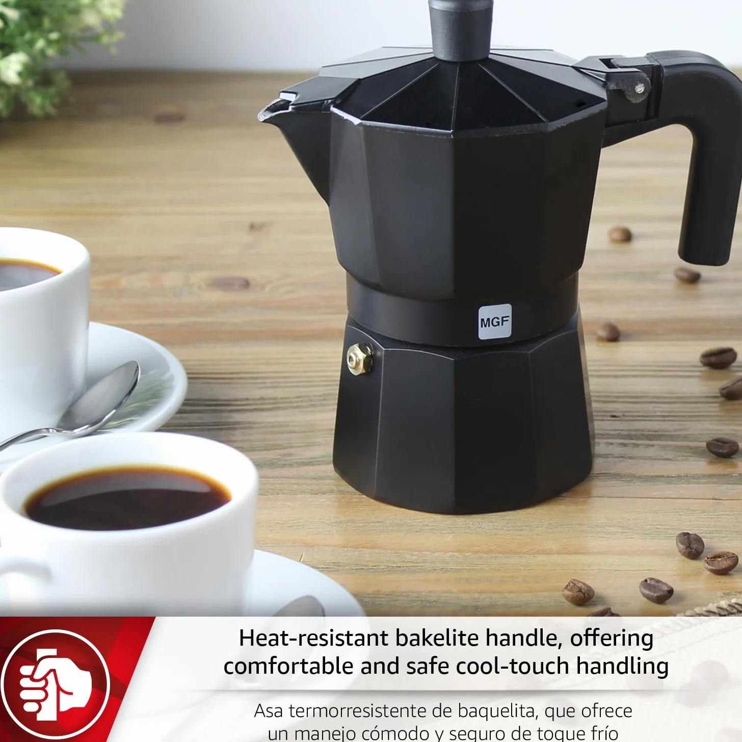 Magefesa Kenia Noir - Placa moka espresso, 3 tazas, 142 g, cafetera italiana, para café cubano, aluminio extra grueso, mango resistente al calor, segura y fácil de usar, Greca