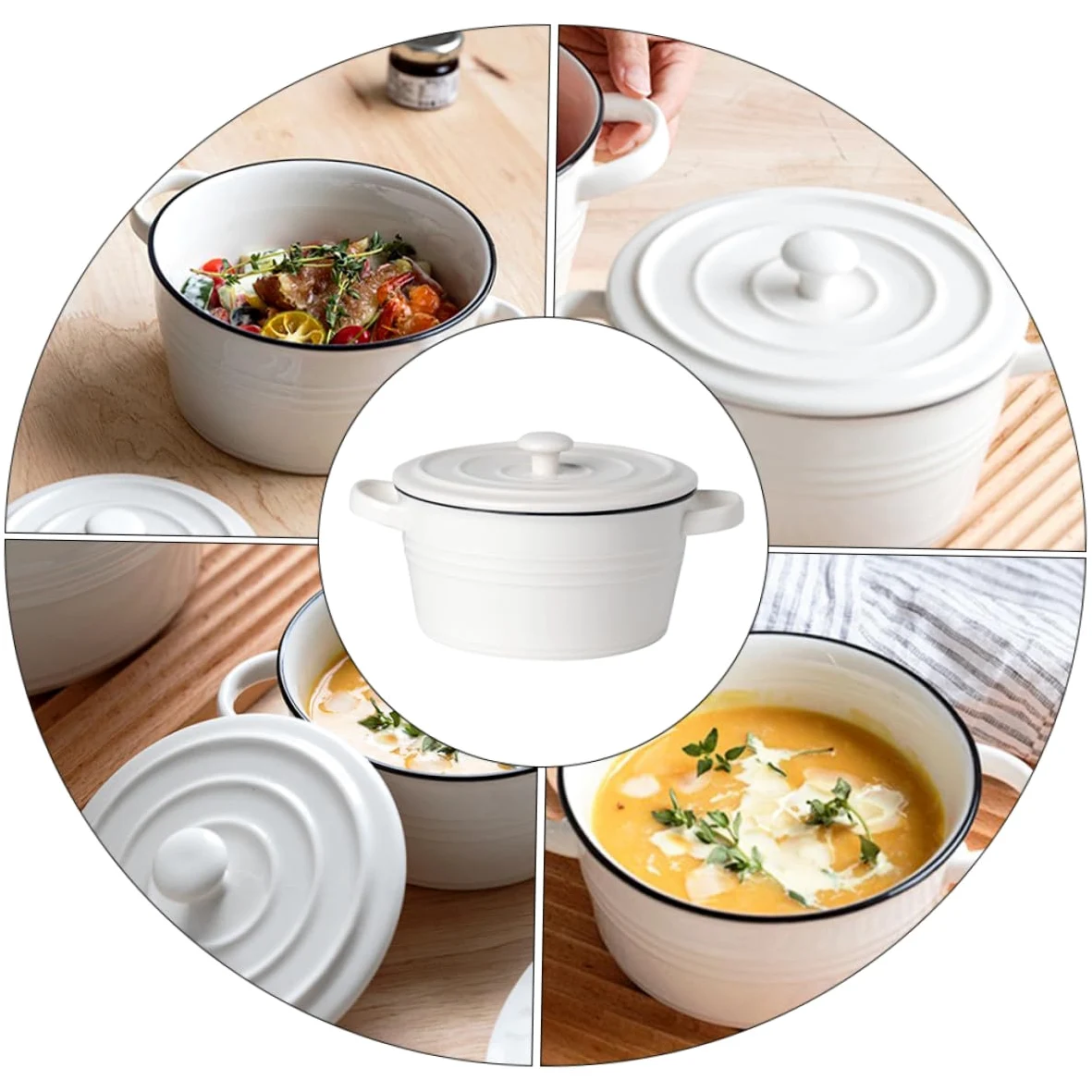 Veemoon Bol de Cerámica para Sopa con Doble Asa y Tapa Tamaño 6 Pulgadas Apto para Vaporera y Uso Doméstico Resistente y Decorativo para Hogares Restaurantes y Hoteles