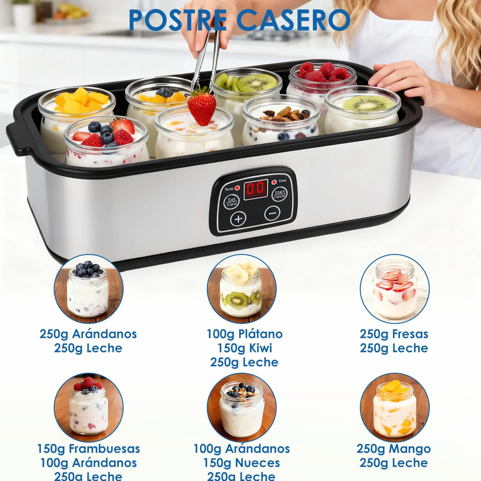 Yogurtera 1400ml, Greek Yogurt Maker with 8x180ml Jars,Yogurtera 8 Tarros con Temporizador y Pantalla LCD, Rango de Temperatura Ajustable 20–55°C,Yogurt Maker para Yogur Casero y Probióticos