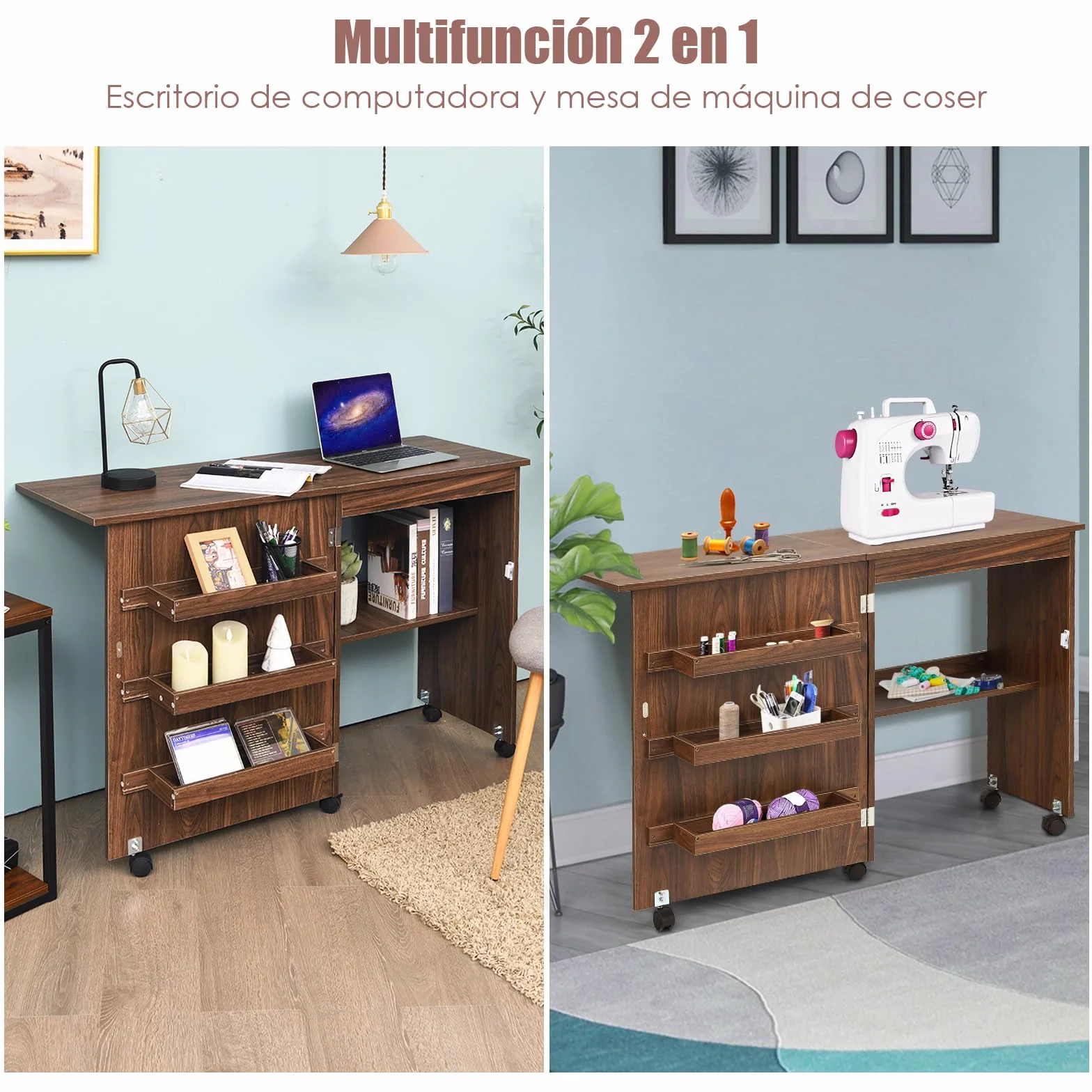 GOPLUS Mueble para Máquina de Coser, Mesa Plegable de Costura con 5 Ruedas y 4 Estantes, Armario Organizador de Costura y Manualidades, Escritorio de Costura para Hogar, Estudio (Marrón Oscuro)