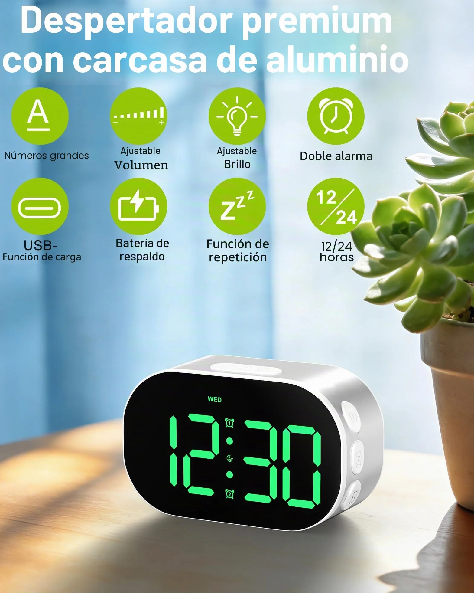 Reloj Despertador Digital de Mesita,Despertador de Aluminio con Números Grandes,Snooze,12/24H,para Dormitorio, Mesita de Noche y Viaje (Plateado)