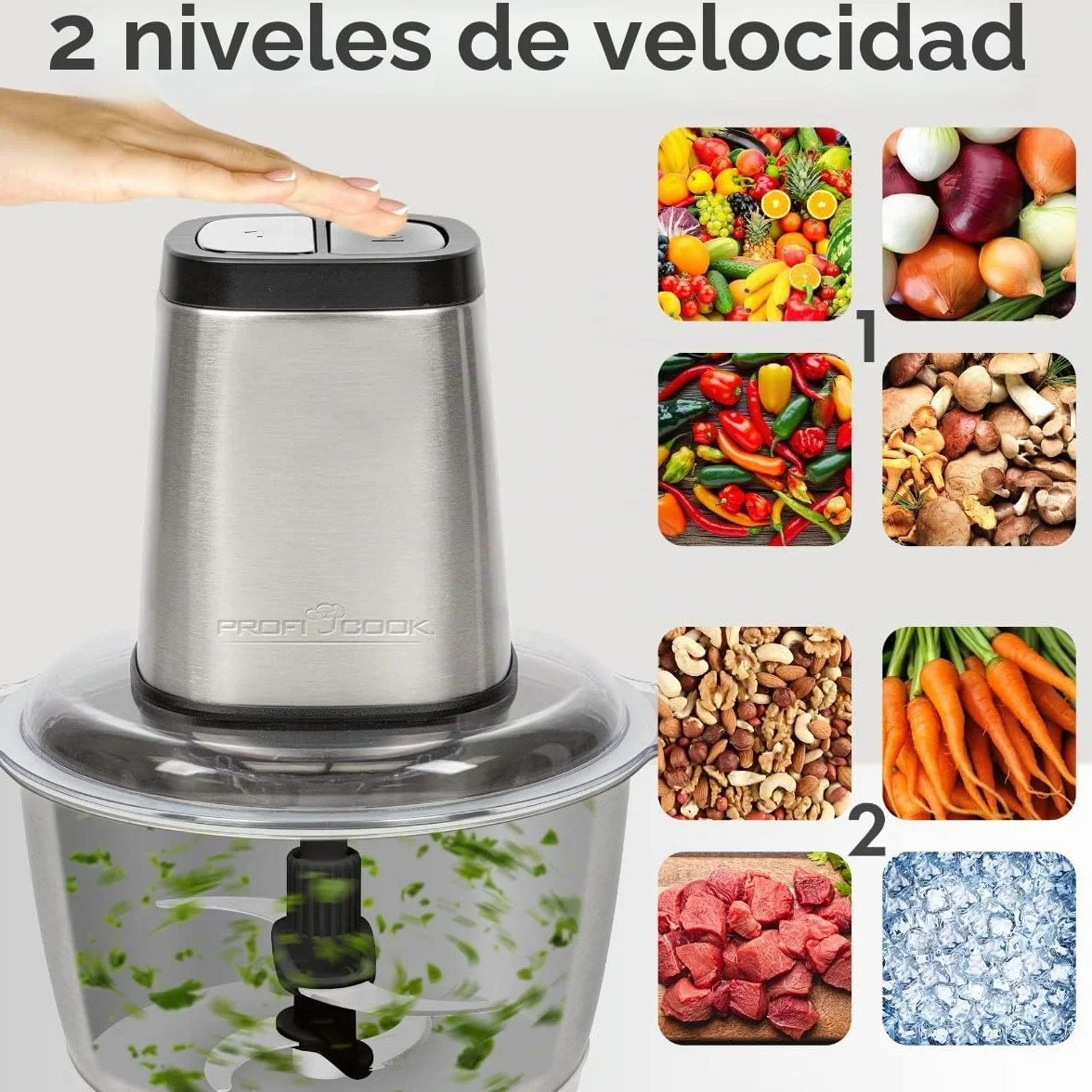 ProfiCook PC-MZ 1227 - Picadora eléctrica con función de trituración de hielo, cortador de verduras, recipiente de acero inoxidable de 1,7 l, cuchillo combinado para 2 o 4 cuchillas