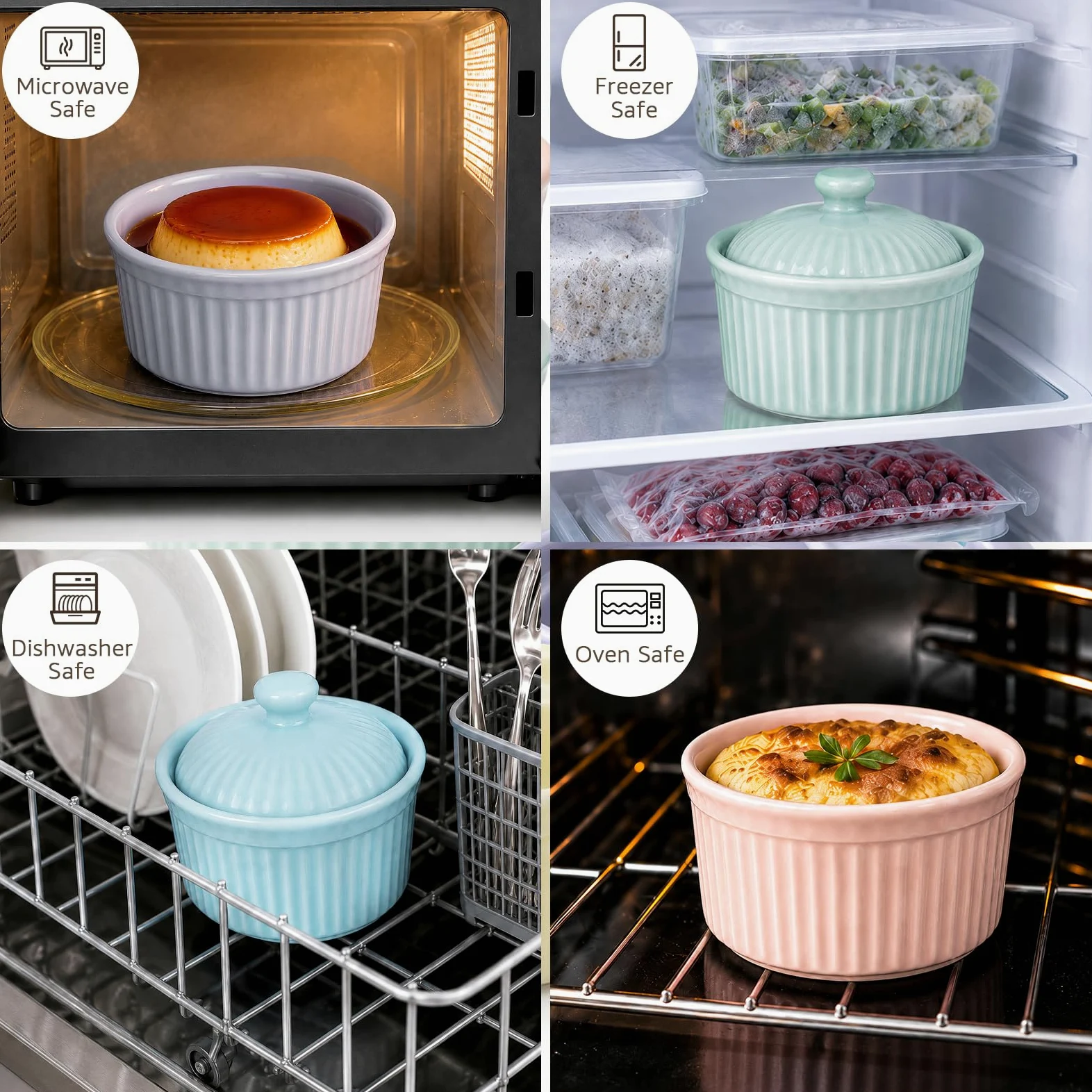 Meltset - Ramequines de 5.5 onzas con tapas, cuencos de cerámica aptos para horno, platos de porcelana para hornear soufflé, crema brulee, pastel de lava, postres de helado, aperitivos (juego de 5)