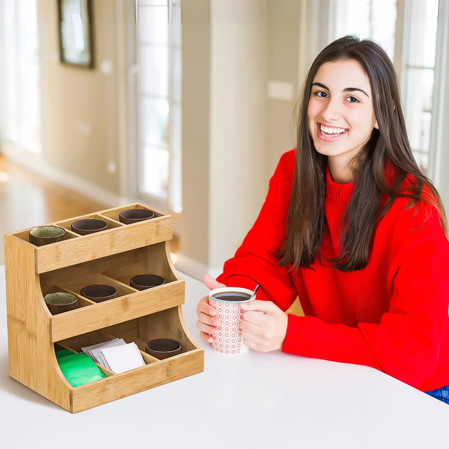 Tofficu Organizador De Bolsas De Té Soporte De Almacenamiento Para Bolsas De Té Contenedores De Caja De Té De Madera De 3 Capas Estante Para Paquetes De Té Para Gabinete Encimera Oficina