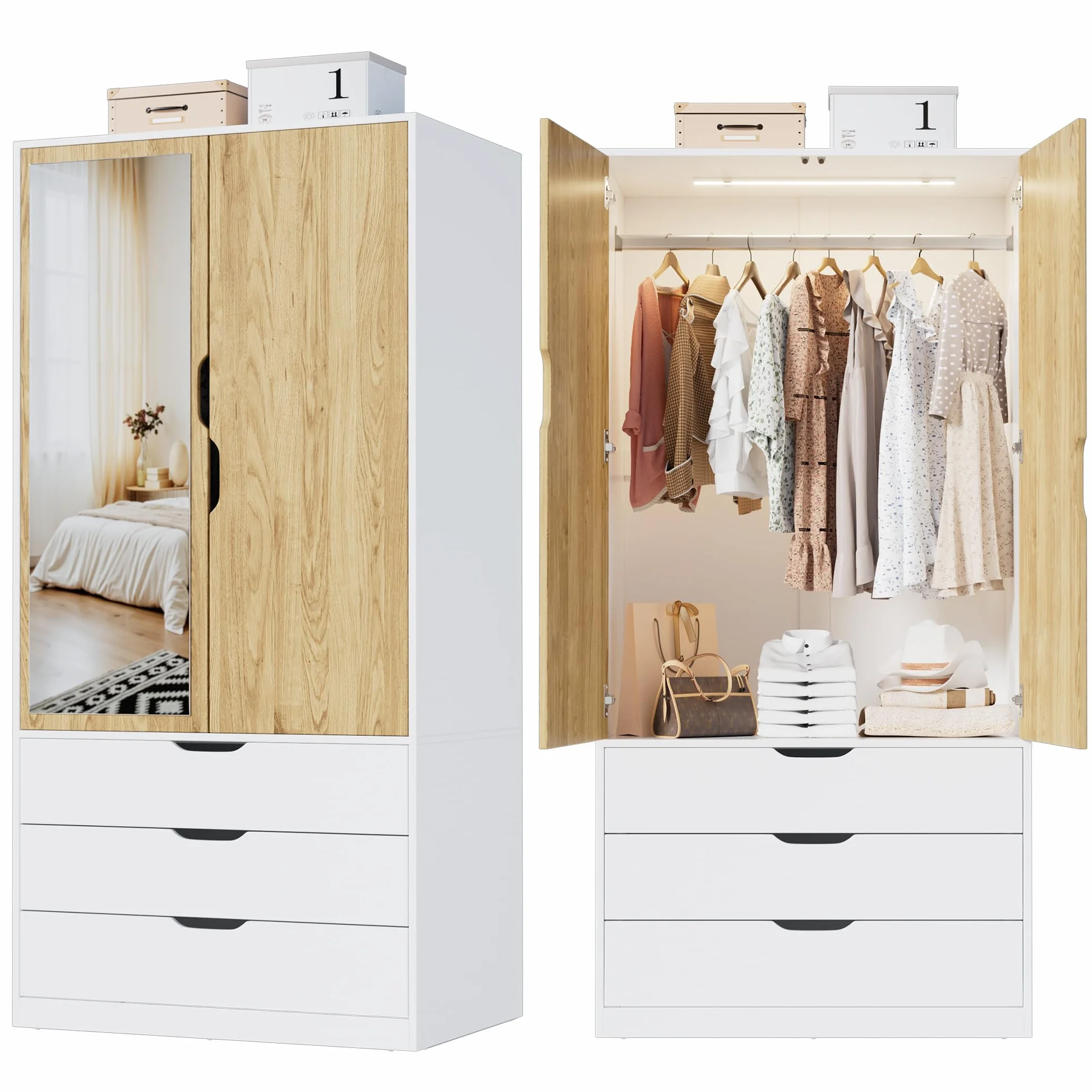 MSFE Armarios Dormitorio 2 Puertas y 3 Cajones, Moderno Armario Ropero con Espejo y Luces LED para Dormitorio, Habitación Infantil, Pasillo, 80x50x180 cm, Blanco