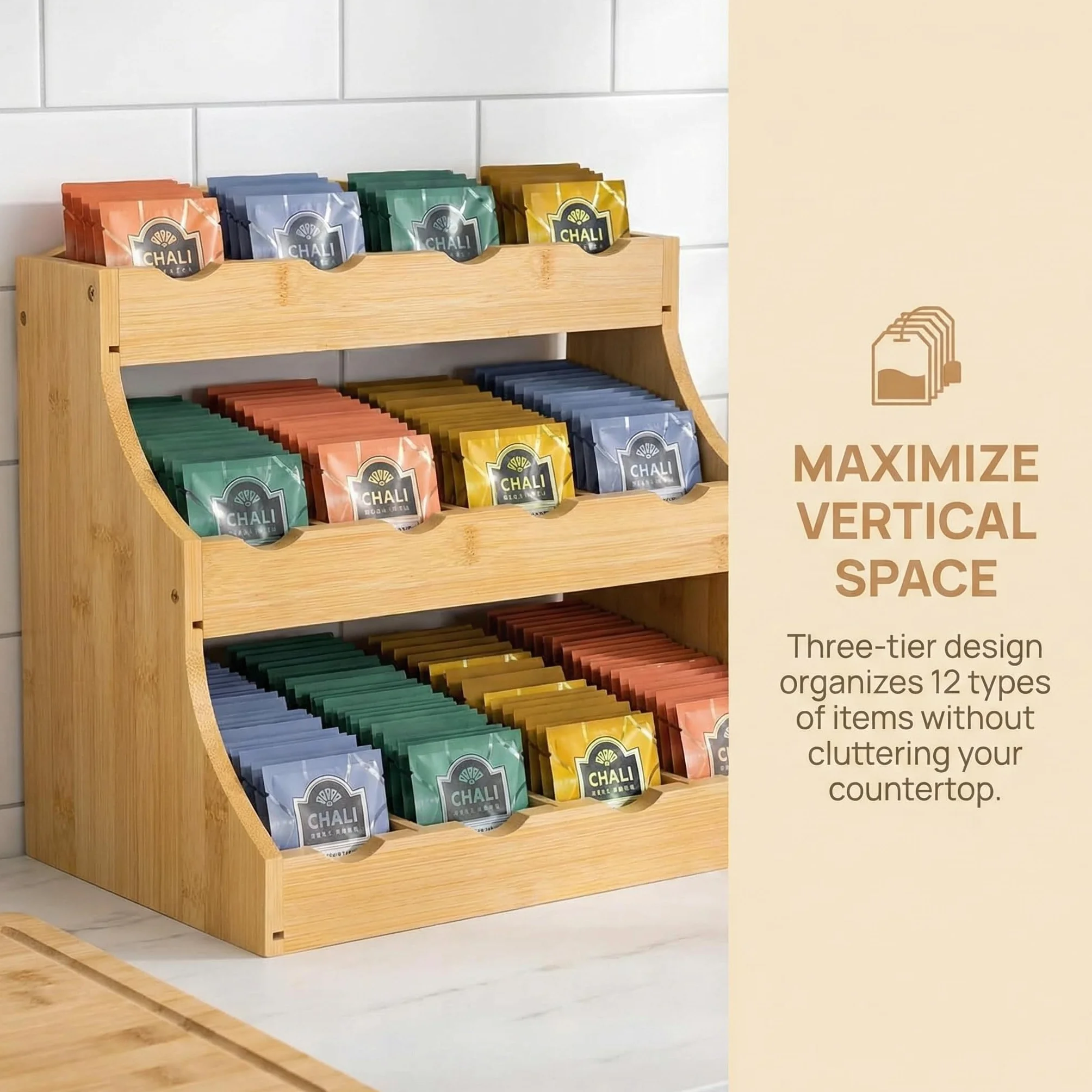 Organizador Infusiones Vertical y Bolsitas de Té, Organizador Bolsas de Té con 3 Niveles y 12 Compartimentos, Soporte Bolsitas de Tea de Bambú, Estante de Tea y Cápsulas de Café- 30x25x20cm