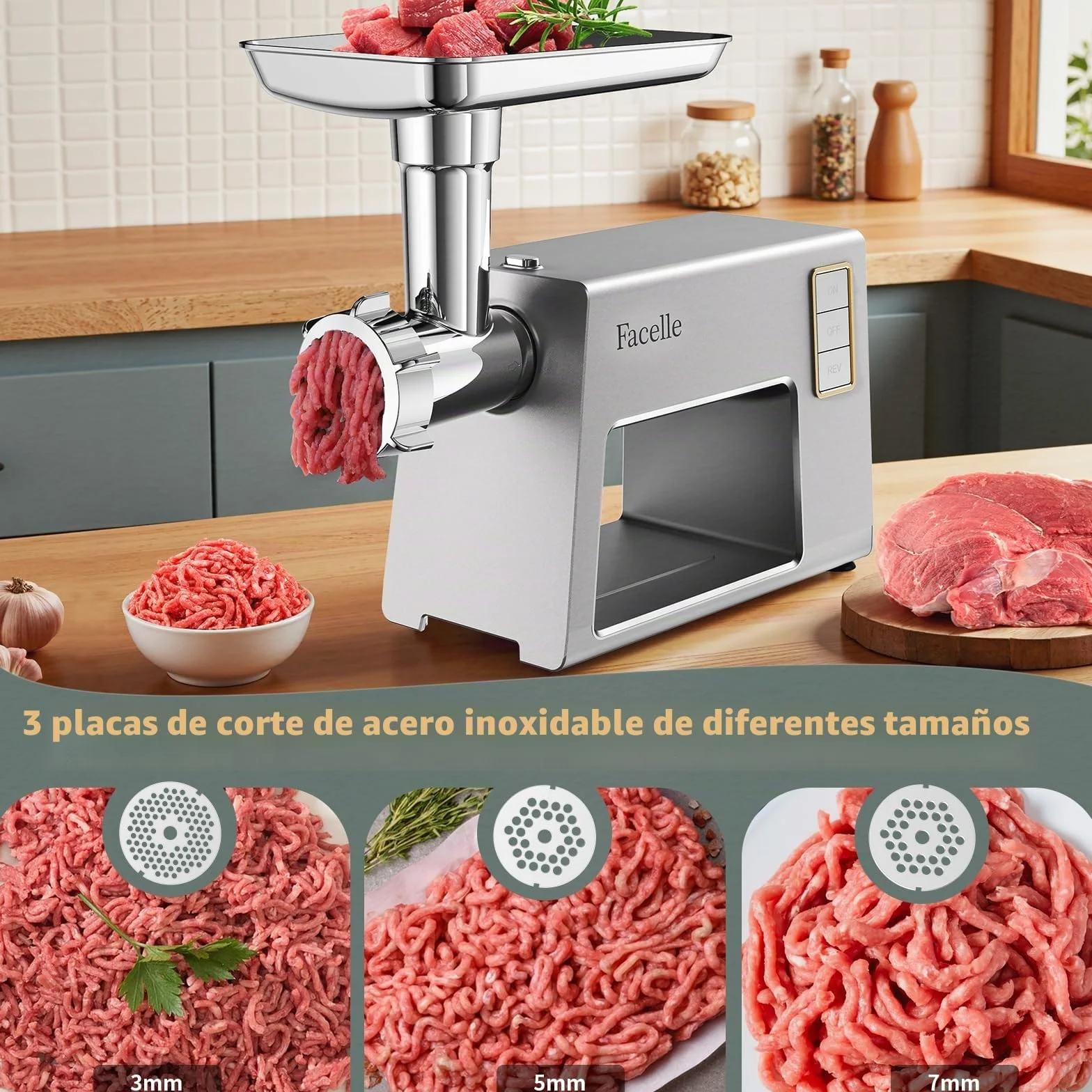 Facelle Picadora Electrica de Carne, 2000W Picadora Carne, cuchillas de acero inoxidable y 3 placas de corte, Accesorios para KEBBE y SALCHICHAS, picadora de alimentos para hamburguesas, kibbeh