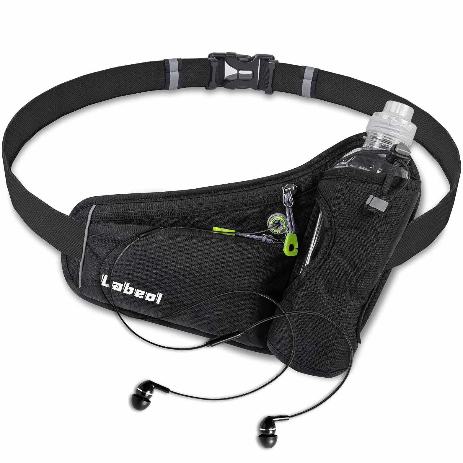 Cinturón de hidratación para correr con soporte para botella, riñonera reflectante ajustable, portabotellas, compatible con teléfono, negro