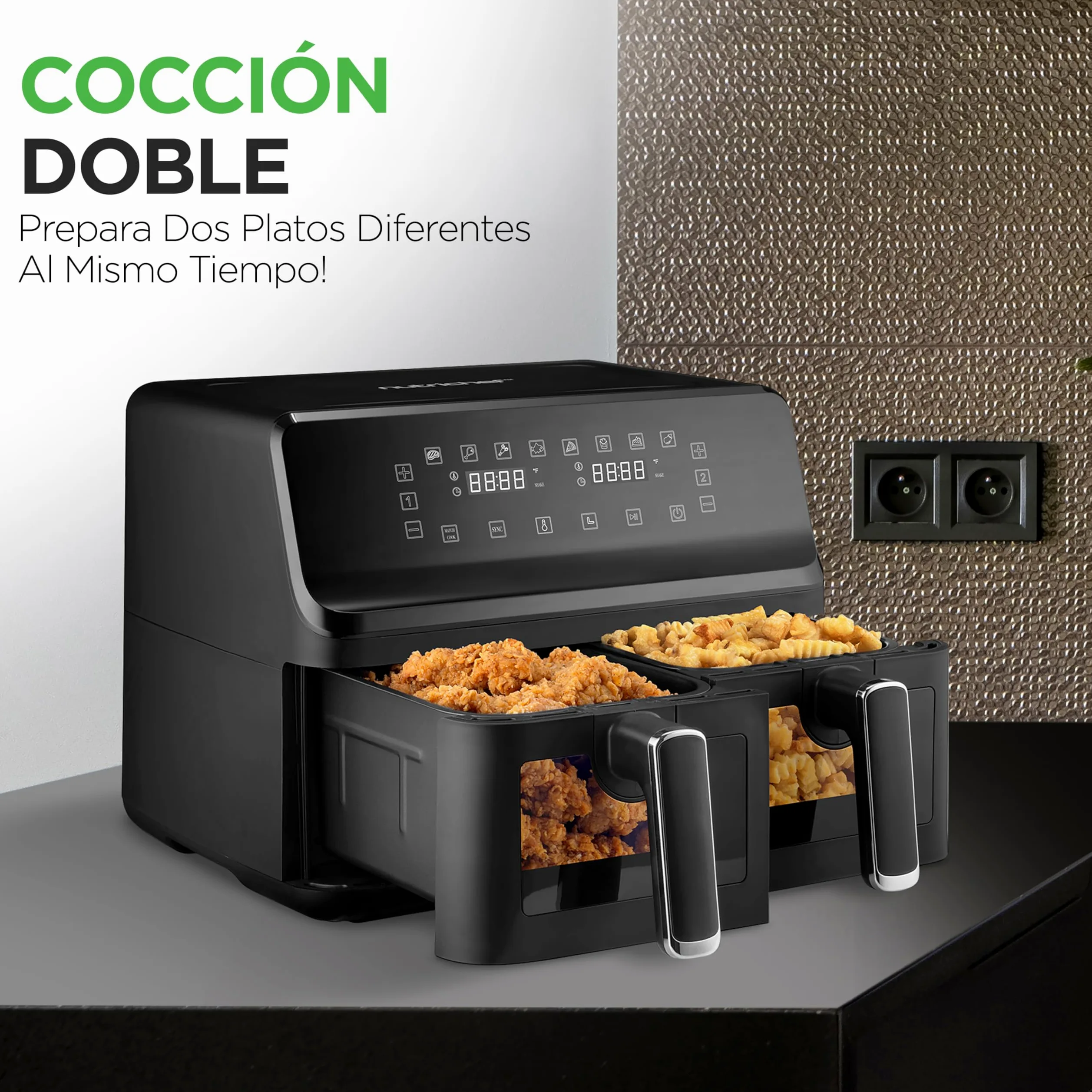 Nutrichef Freidora de Aire, 8.3L, Doble Canasta, Capacidad de 4.1L por Cesta, 9 Modos de Coccion Preestablecidos, Tamaño Familiar