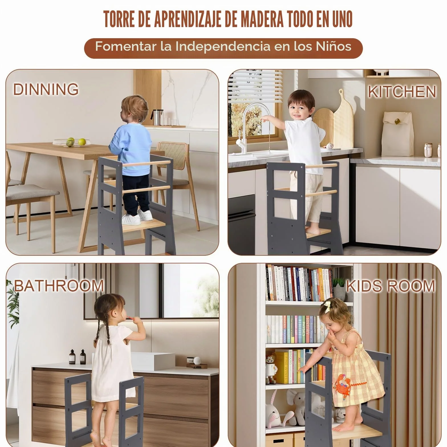 Torre Aprendizaje Montessori Altura Regulable Barandilla Seguridad Taburete Bebe 2 Años Cocina Baño Sala Estar Dormitorio Negra