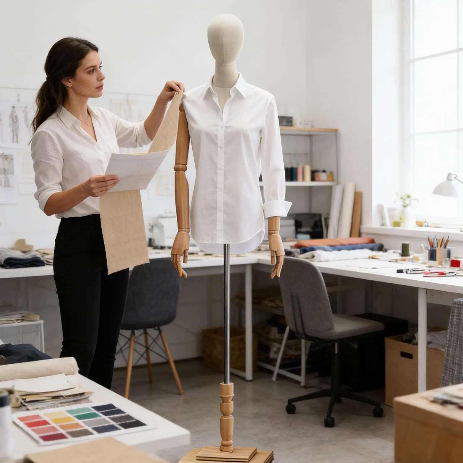 Maniquí Femenino de Costura, con Brazos De Madera Busto de Señora Maniquies Torso con Base De Arte De Madera, Modistas Exhibición Altura Ajustable (Tamaño : Medium-Women)
